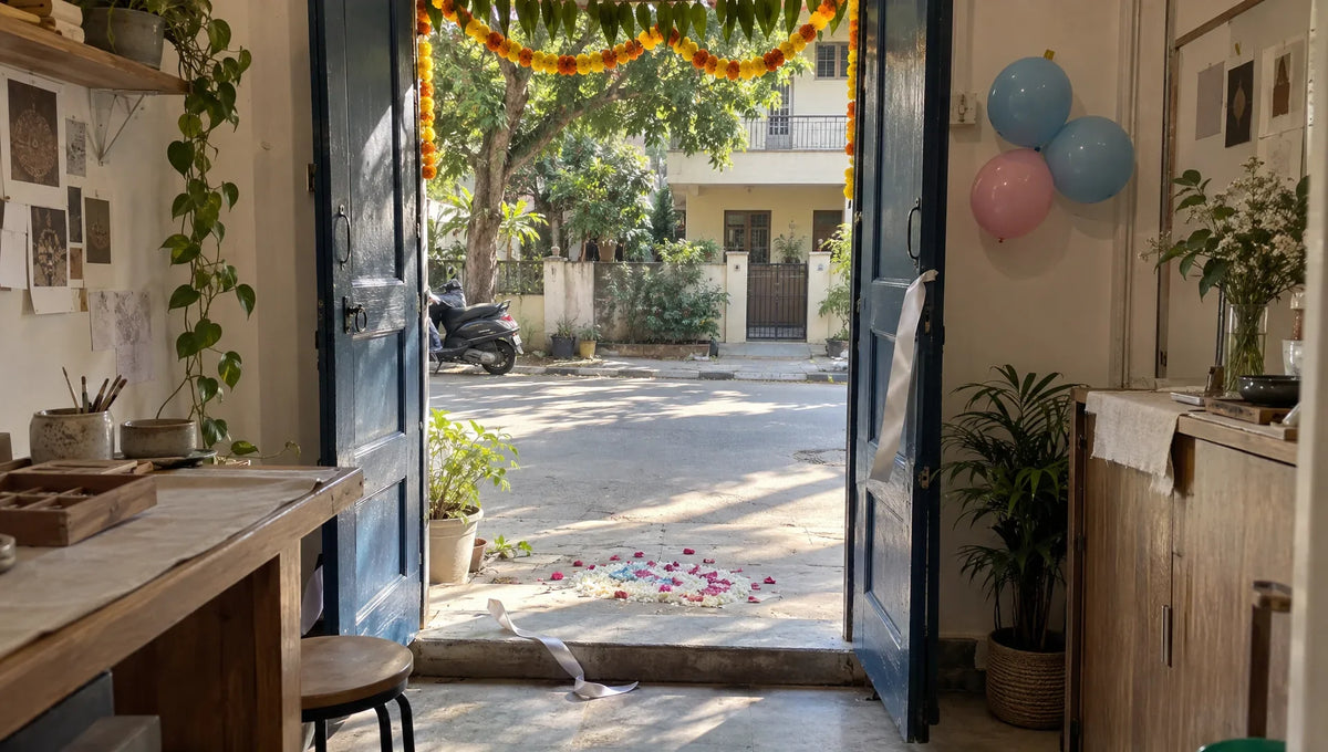 An old navy wooden door open onto a quiet lane on opening morning, with a marigold toran, a flower-petal rangoli, a cut silver ribbon and three balloons on the wall