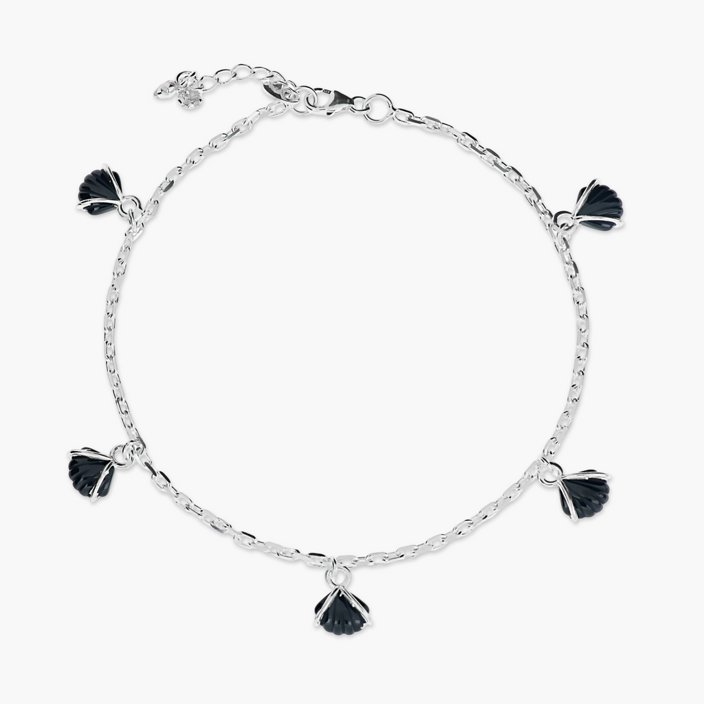 MINIMALIST SILVER BLACK SHELL DANGLE CHARMS ANKLETS