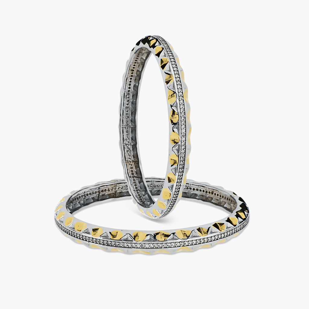 SILVER DUAL-TONE PYRAMID STUDDED BANGLES