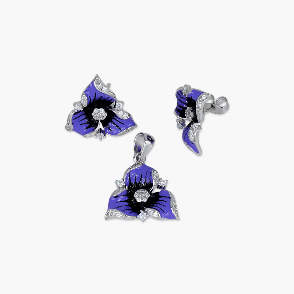 BLUE ENAMEL FLOWER PENDANT EARRINGS SET WOMEN