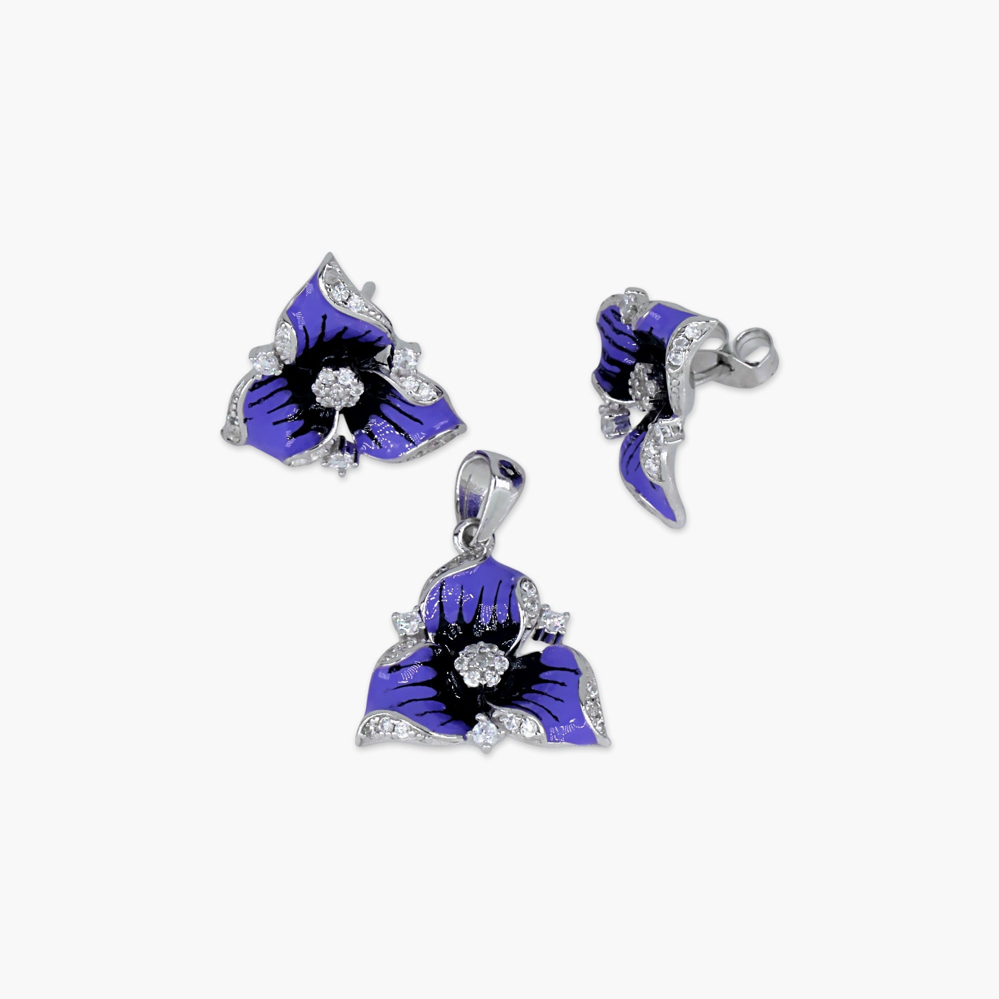 BLUE ENAMEL FLOWER PENDANT EARRINGS SET WOMEN