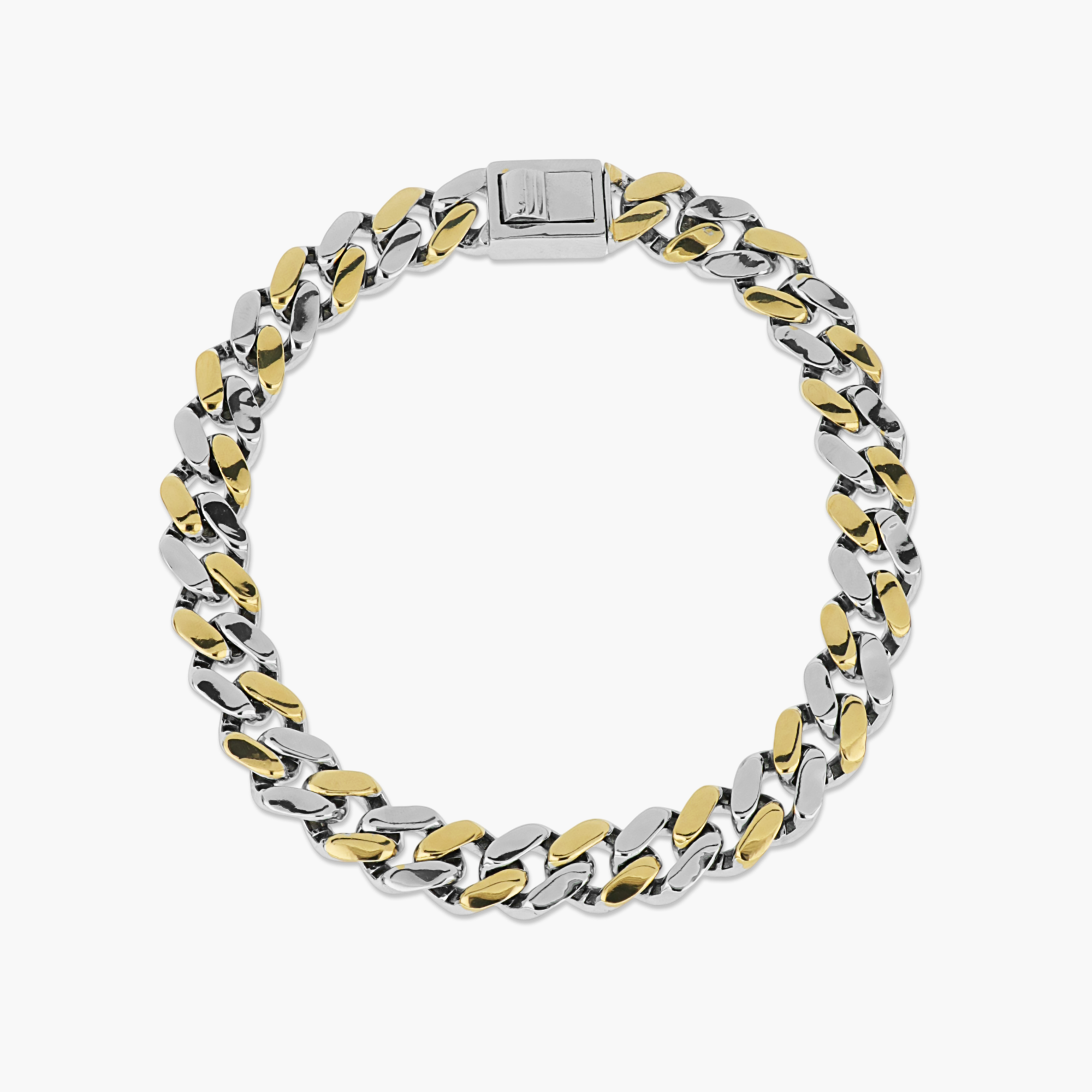 SILVER DUAL-TONE CUBAN CURB LINK MENS BRACELET