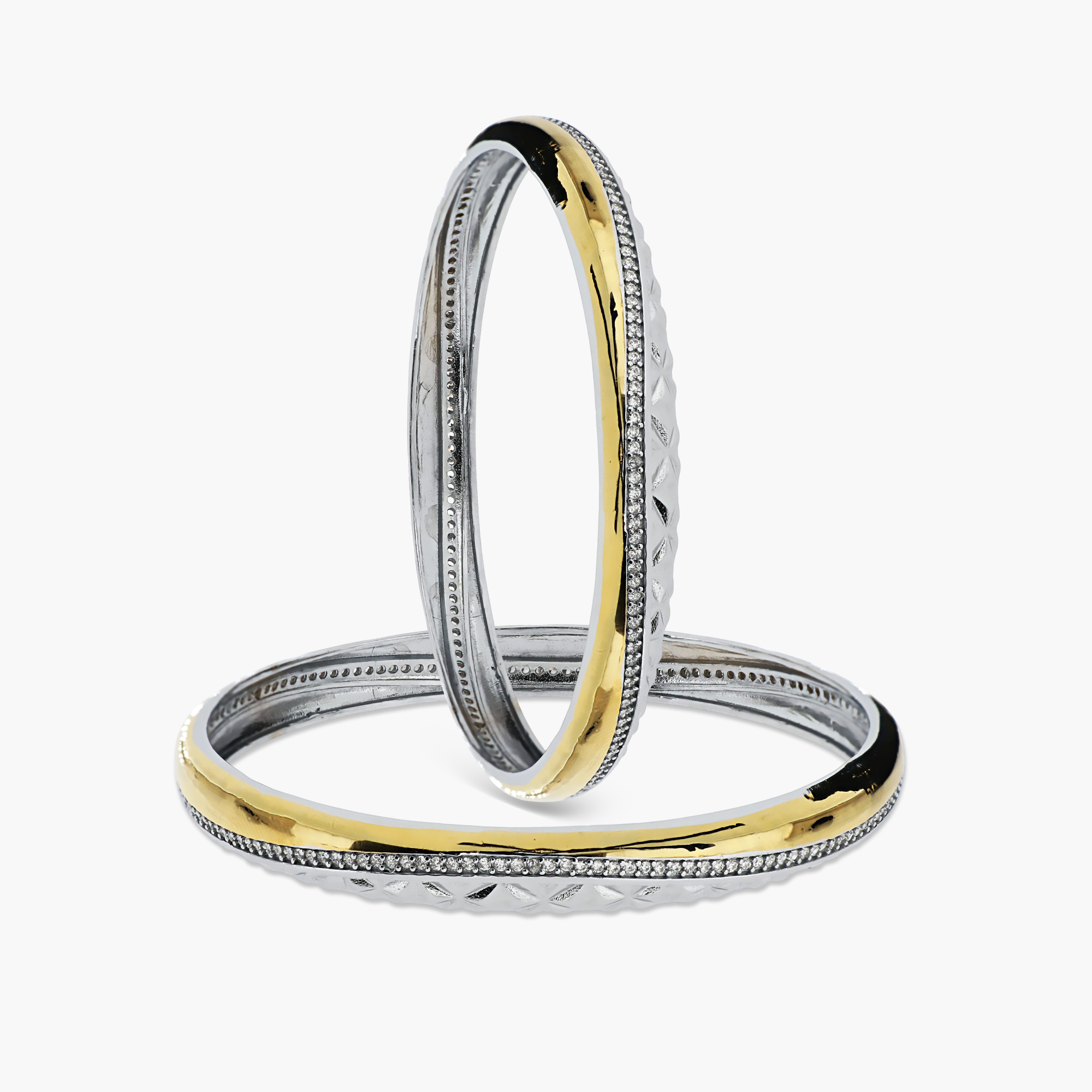 SILVER DUAL-TONE TEXTURED & PAVÉ BANGLES