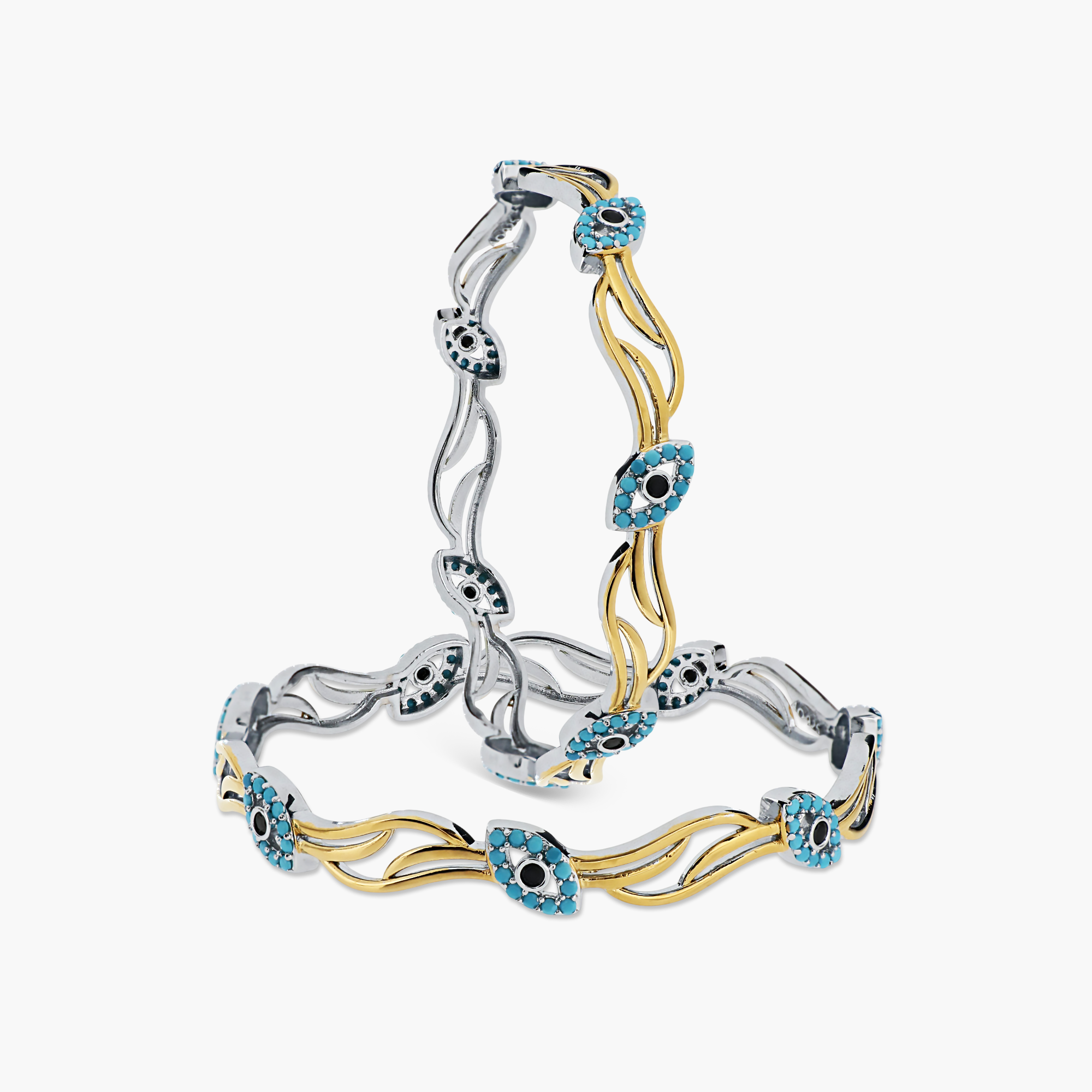 SILVER DUAL-TONE WAVY EVIL EYE BANGLES