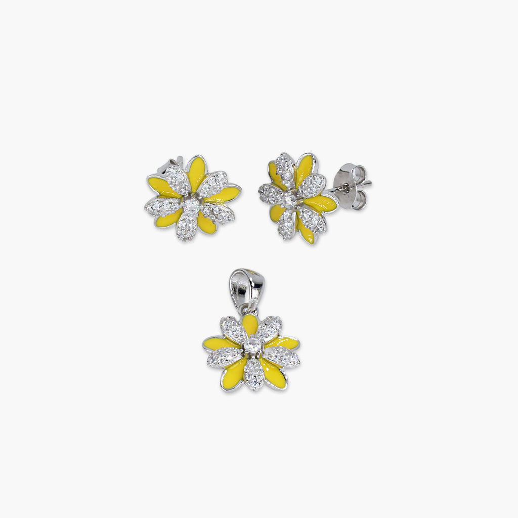 YELLOW ENAMEL FLOWER PENDANT EARRINGS SET WOMEN