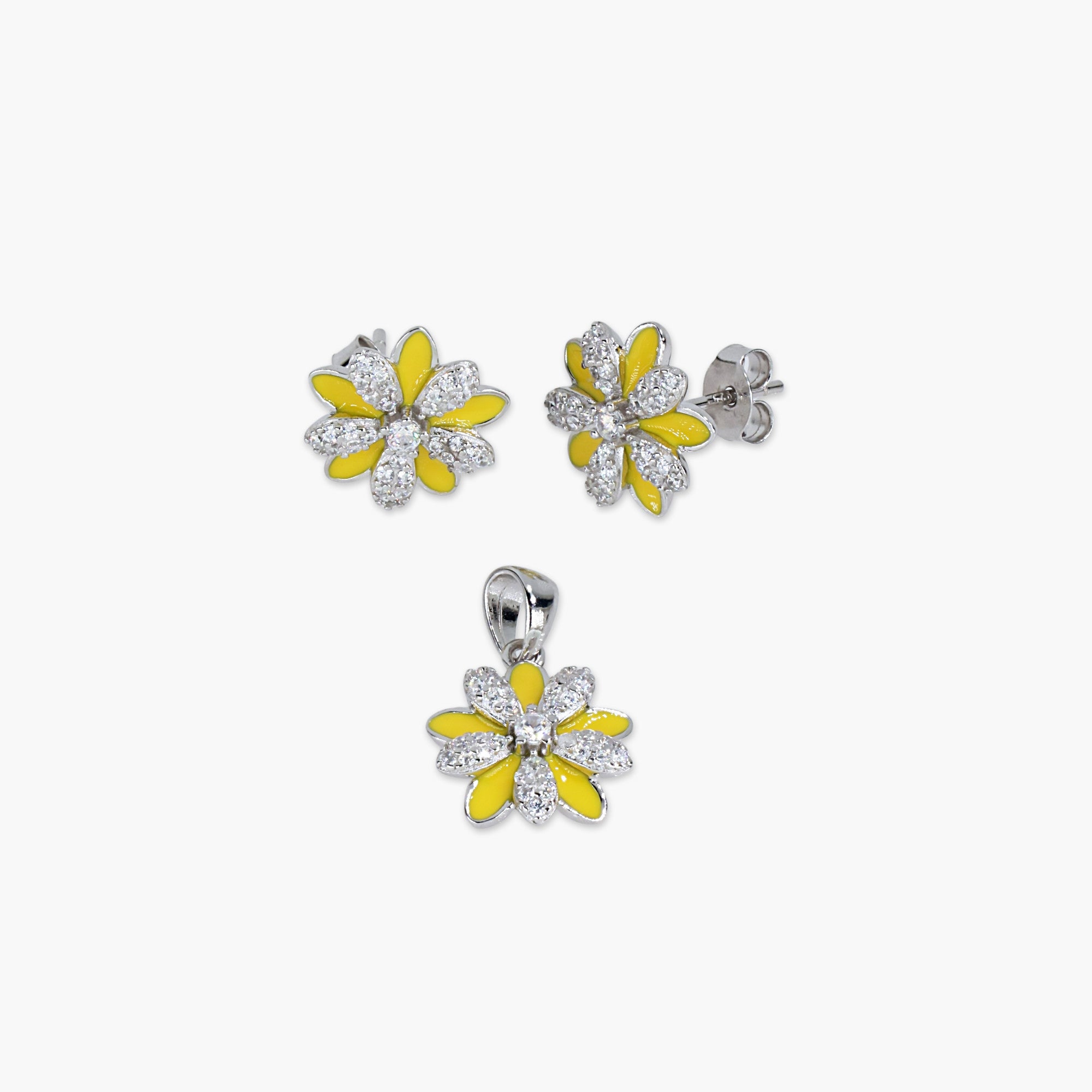 YELLOW ENAMEL FLOWER PENDANT EARRINGS SET WOMEN