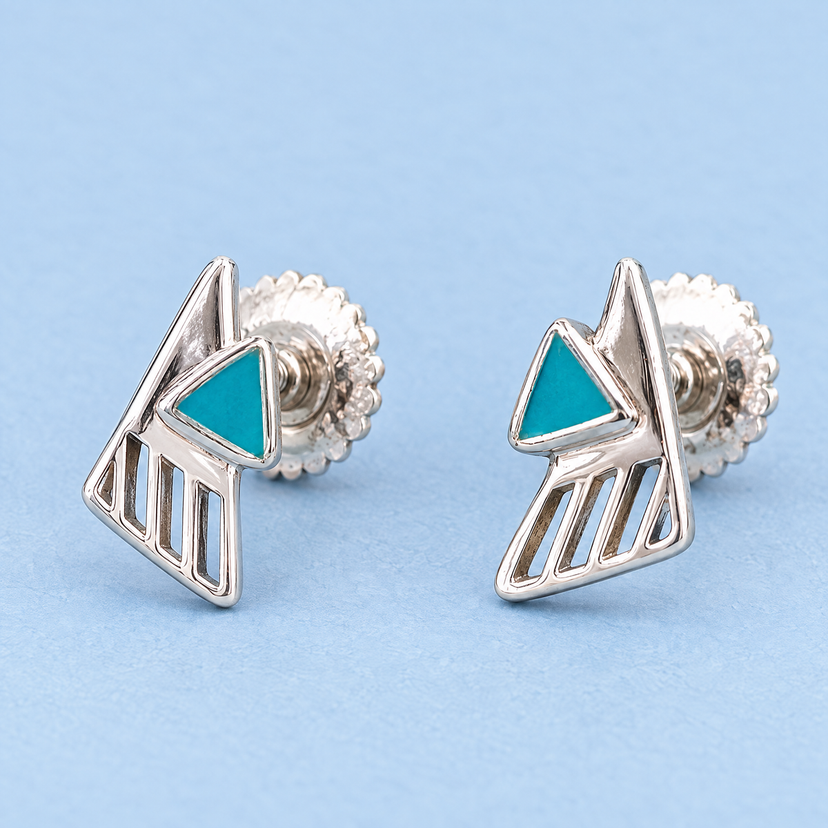 Teal Triangle Enamel Stud Earrings in 925 sterling silver, angled view