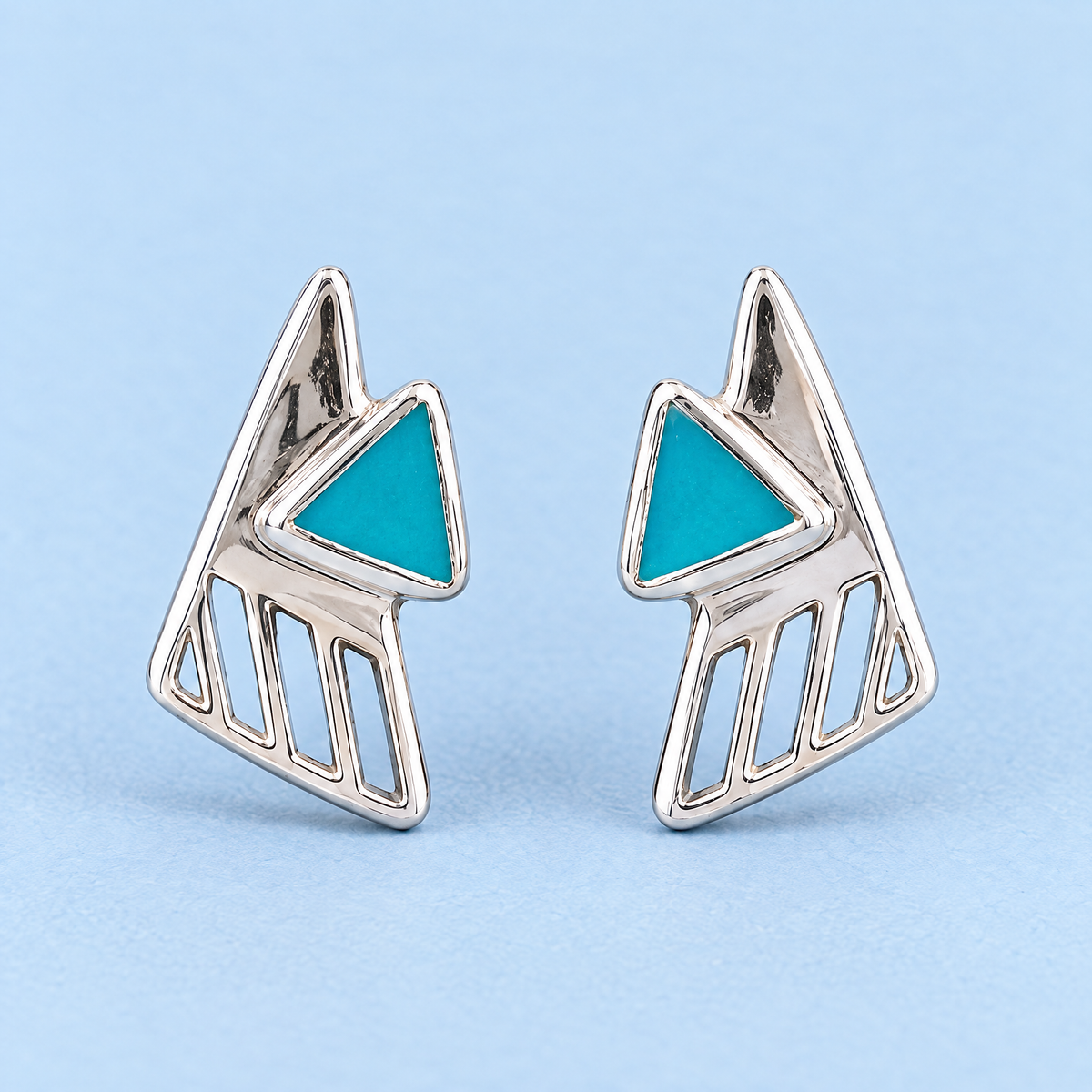 Teal Triangle Enamel Stud Earrings in 925 sterling silver, front view