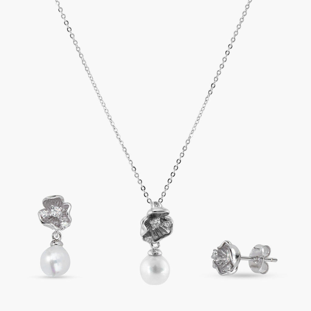 PEARL FLOWER PENDANT EARRINGS SET WOMEN