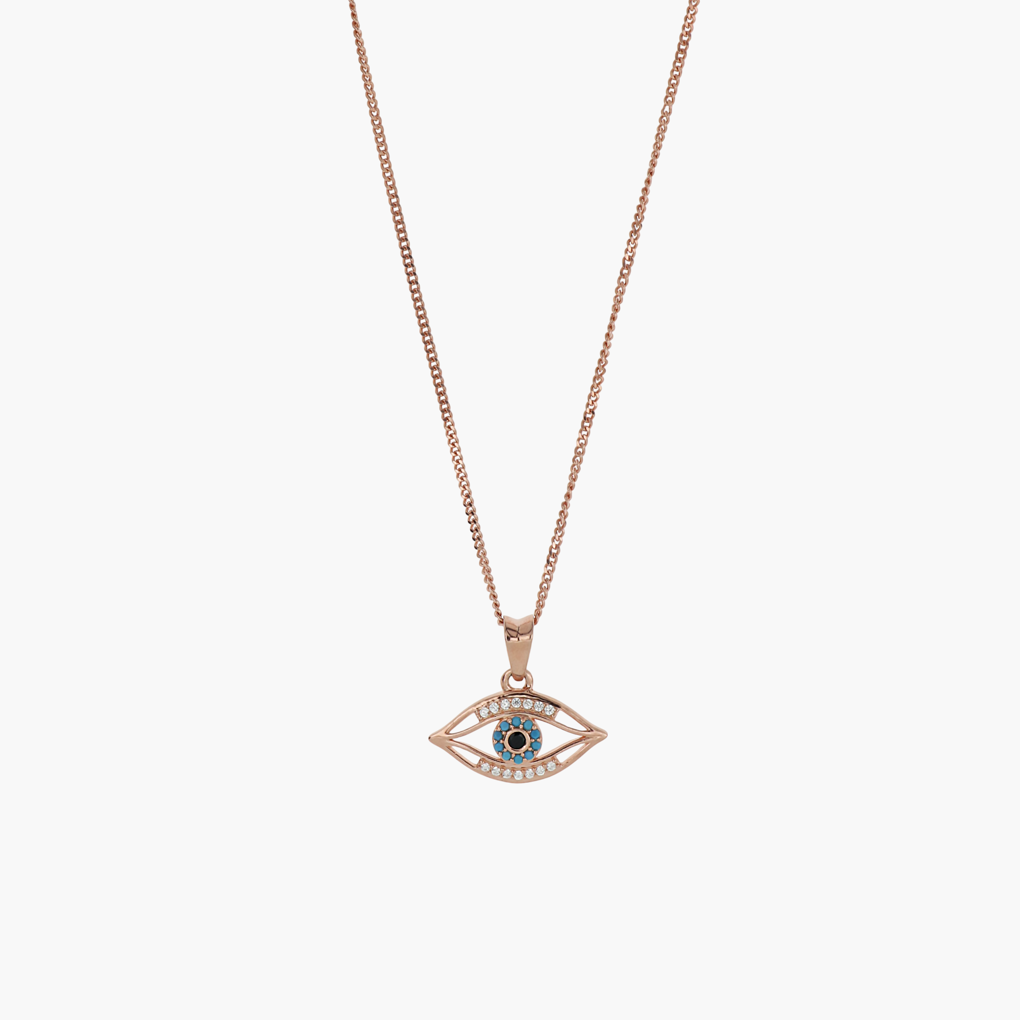 925 STERLING ROSE GOLD STUDDED EVIL EYE PENDANT NECKLACE