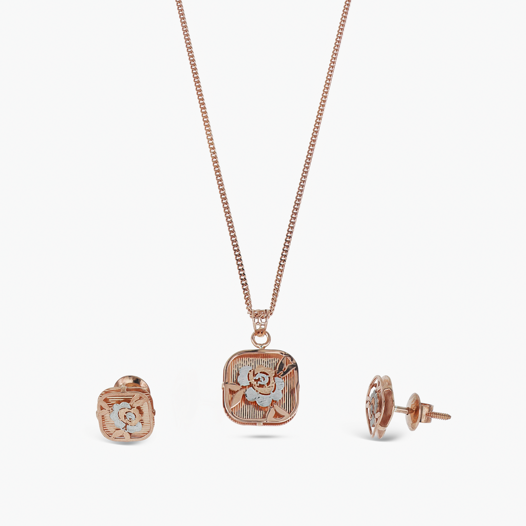 SILVER ROSE GOLD SQUARE FLORAL PENDANT SET