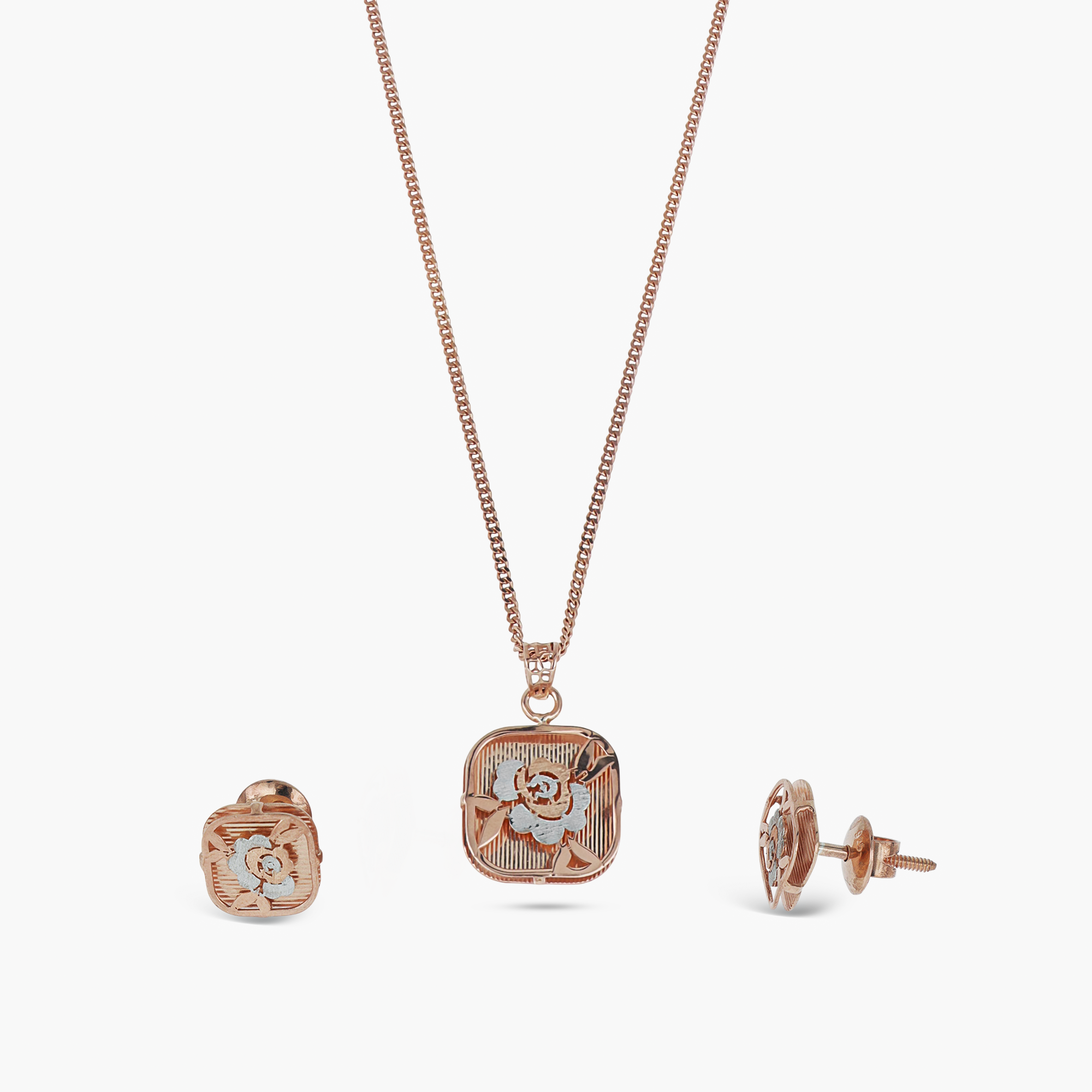 SILVER ROSE GOLD SQUARE FLORAL PENDANT SET