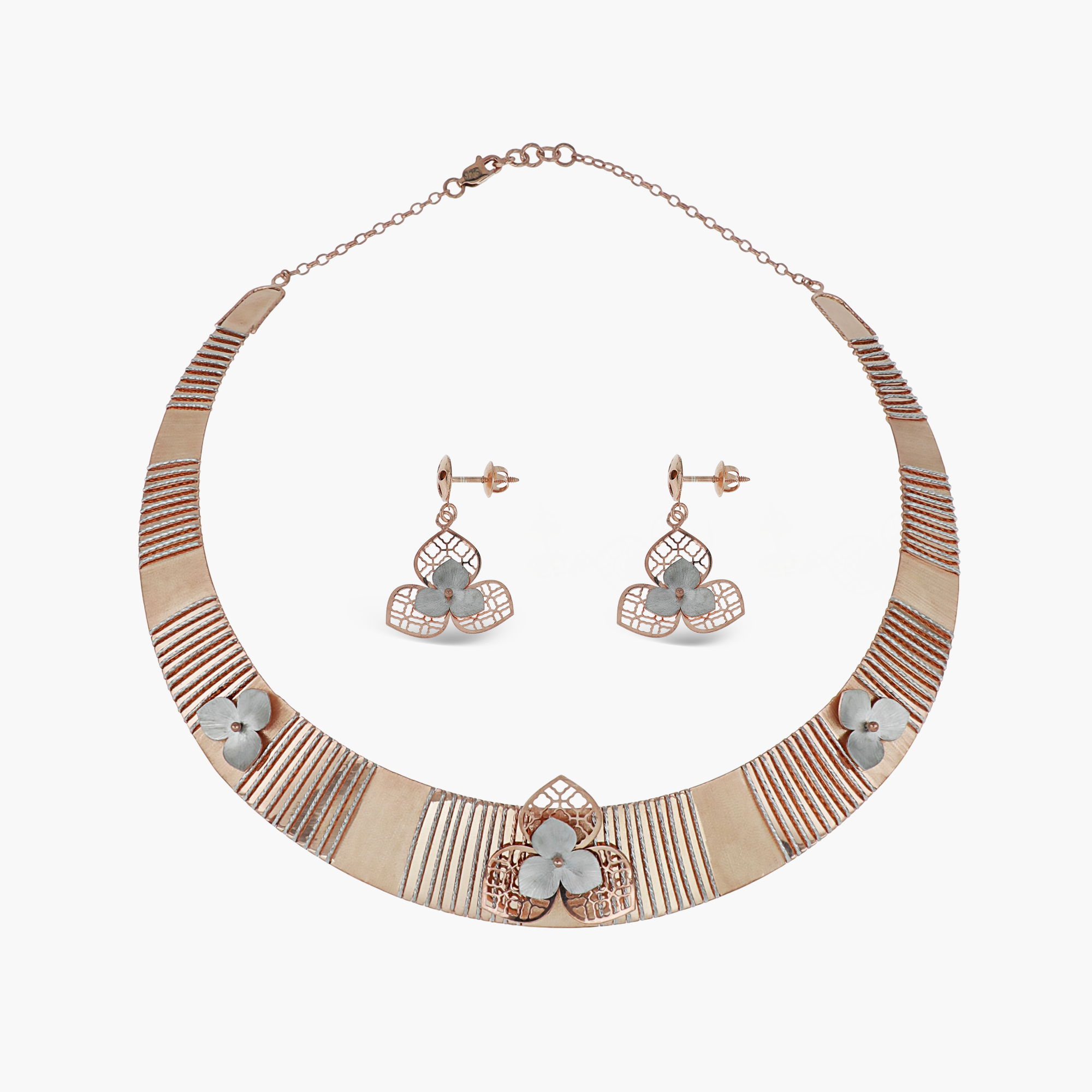 TRENDY DUAL-TONE 925 STERLING SILVER FLORAL CHOKER NECKLACE