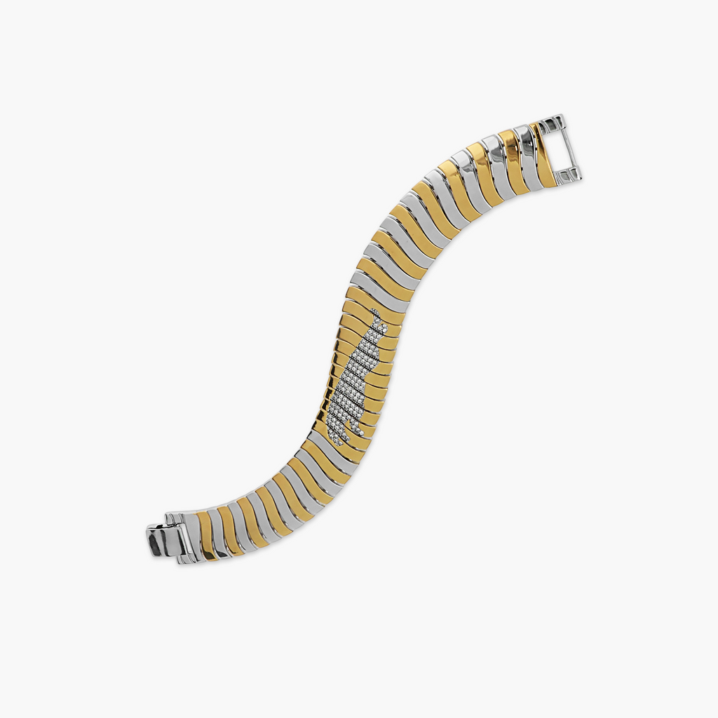 DUAL-TONE ARMORED WRISTWEAR WITH DIAMOND-PAVED JAGUAR CLASP