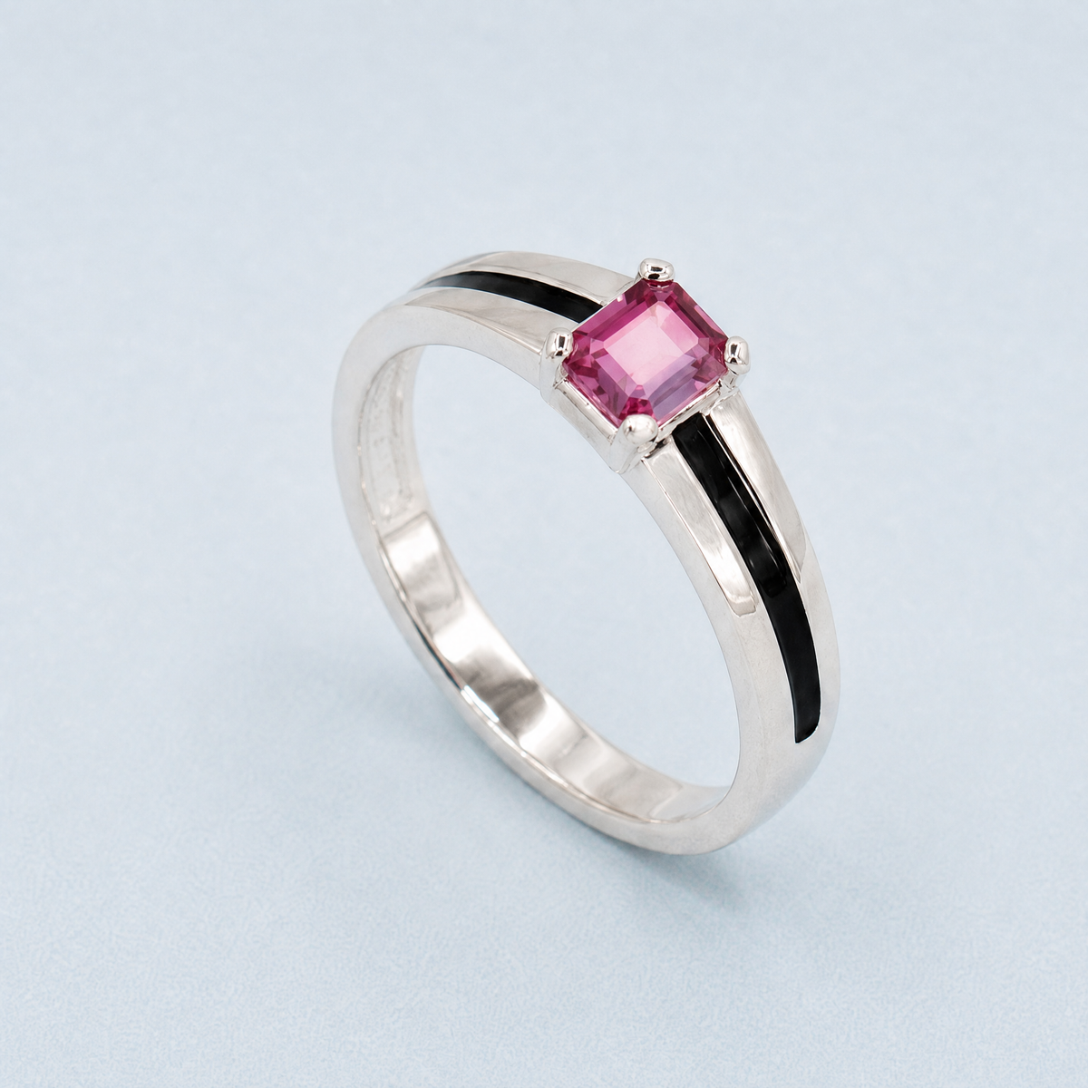 Black Line Pink Solitaire Ring in 925 sterling silver, angled view