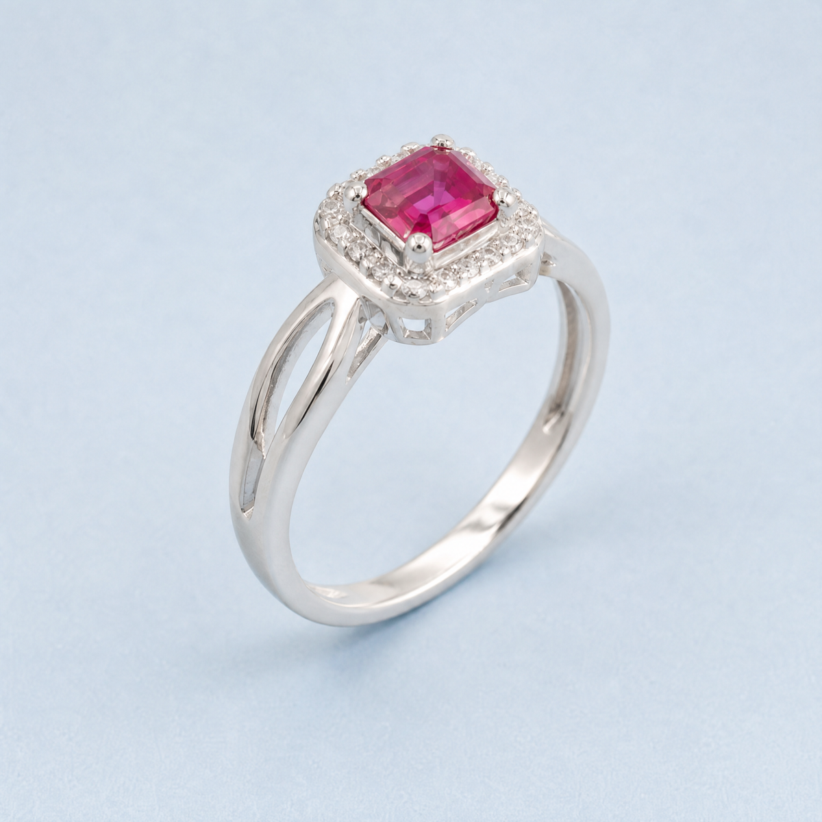 Pink Halo Step Cut Ring in 925 sterling silver, angled view