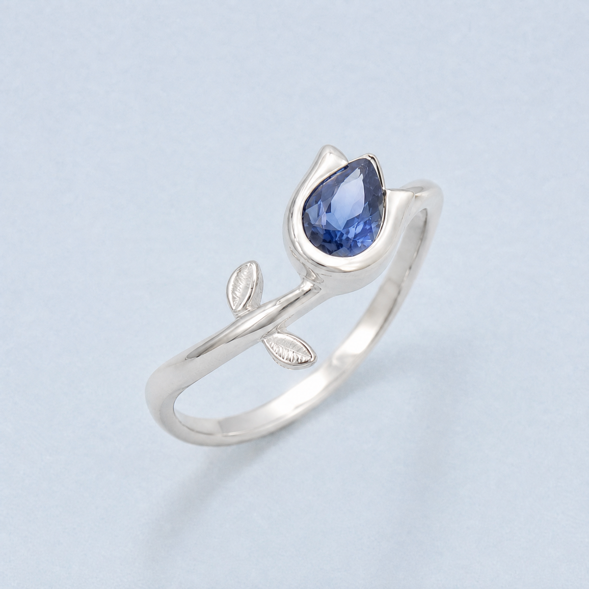 Blue Tulip Bud Ring in 925 sterling silver, angled view