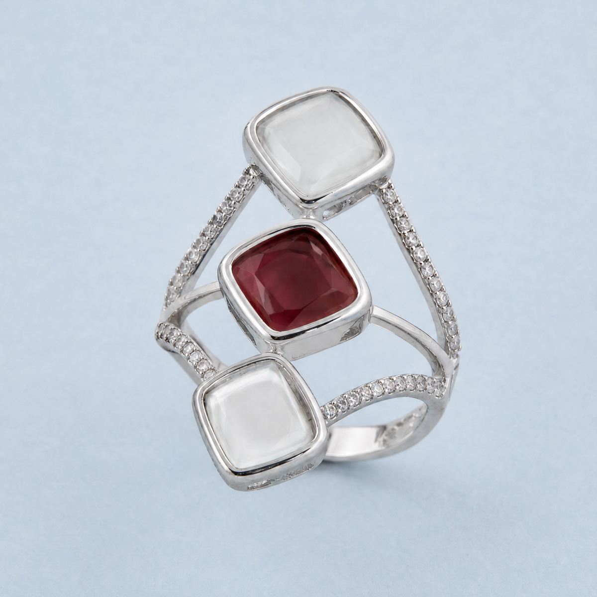 Red and White Trio Cocktail Ring in 925 sterling silver, angled view