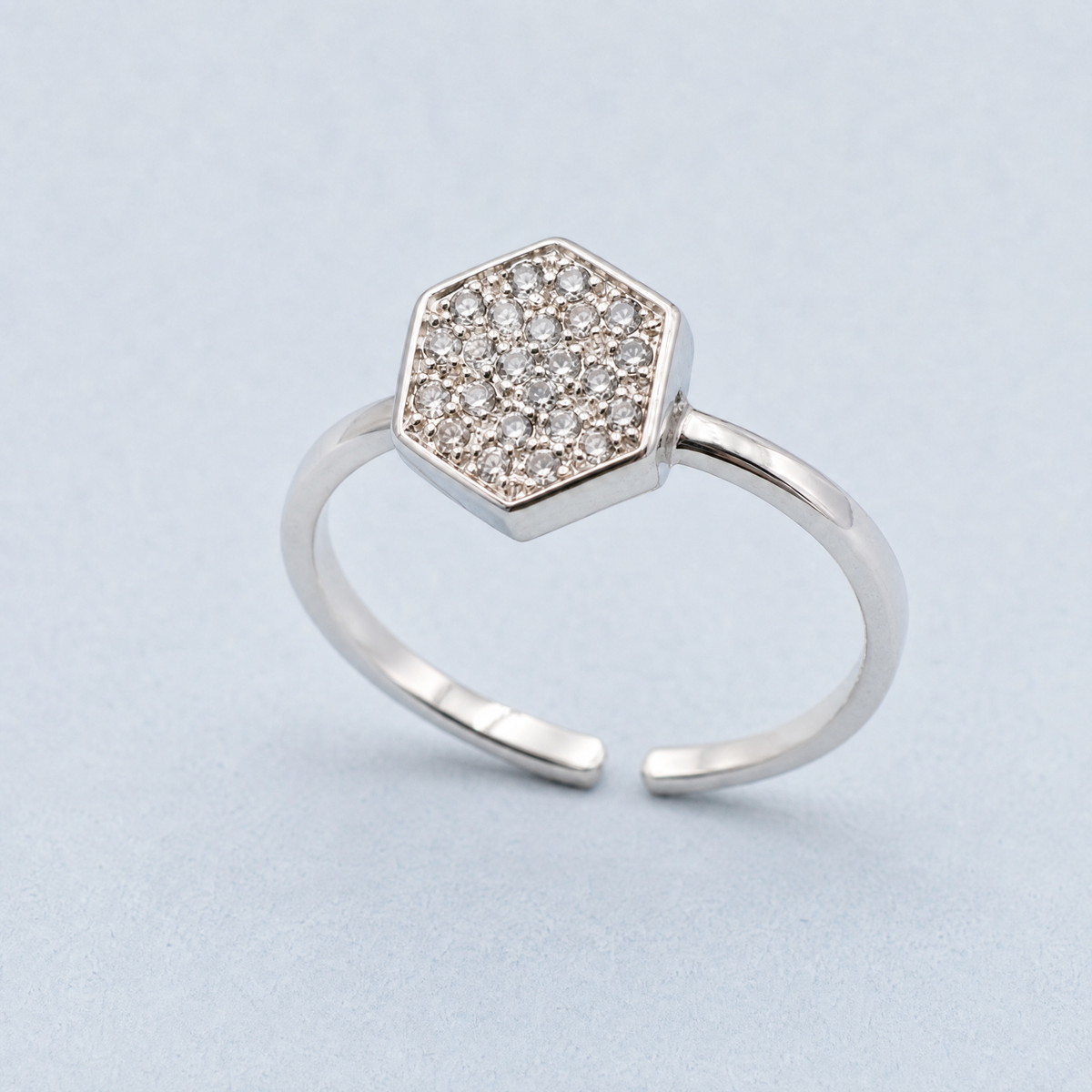 Pavé Hexagon Open Ring in 925 sterling silver, angled view