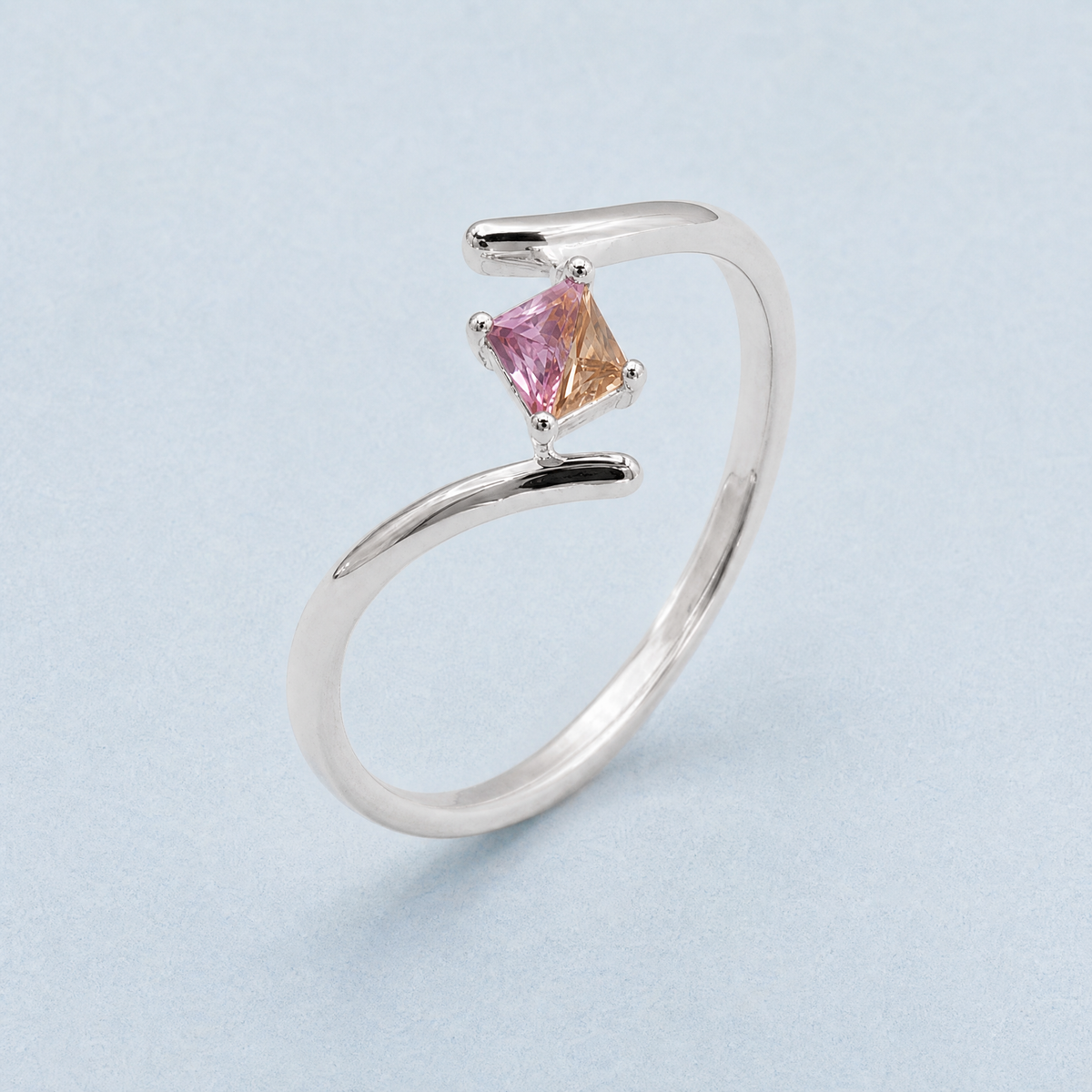 Pink and Peach Bypass Ring in 925 sterling silver, angled view