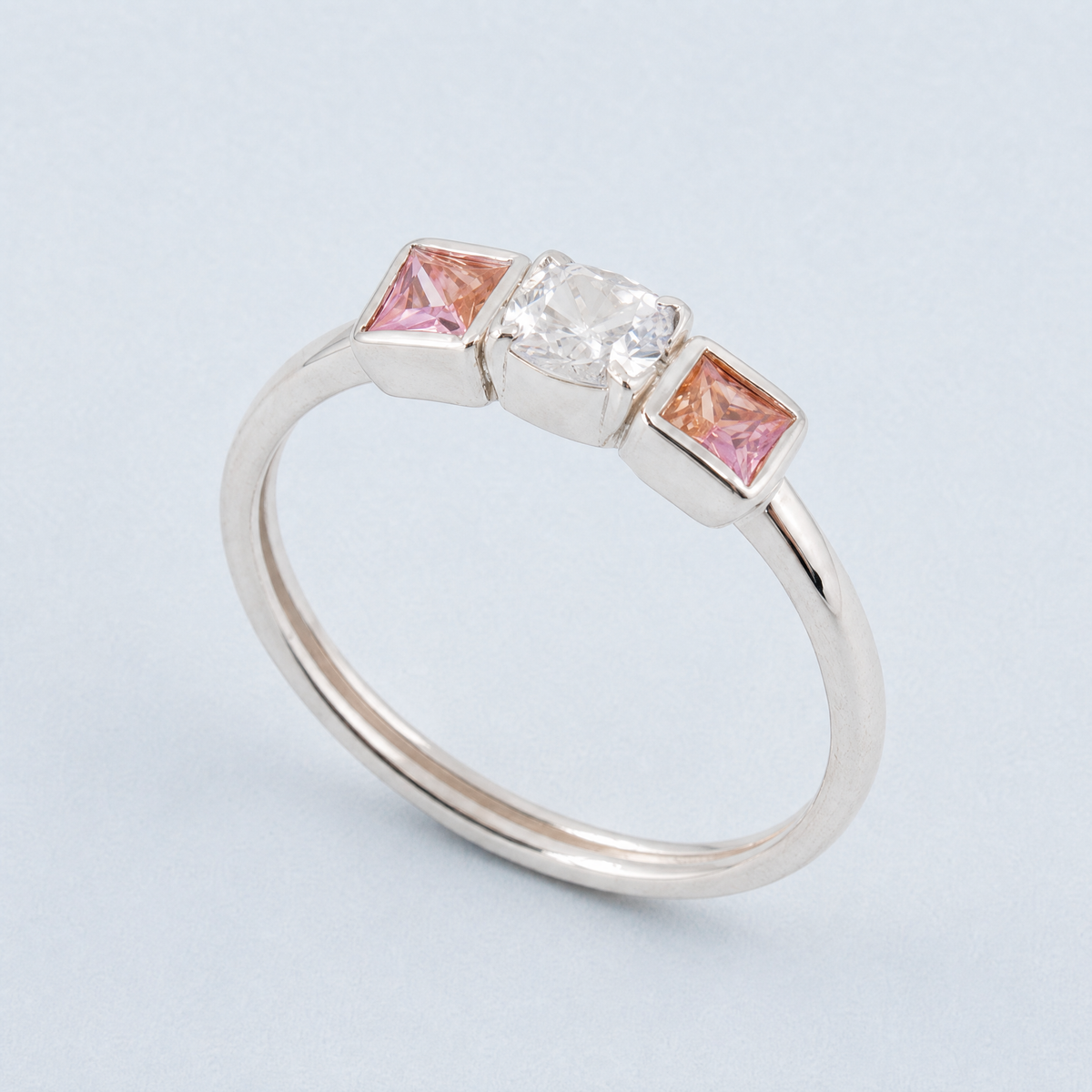 Clear and Pink Trio Ring in 925 sterling silver, angled view