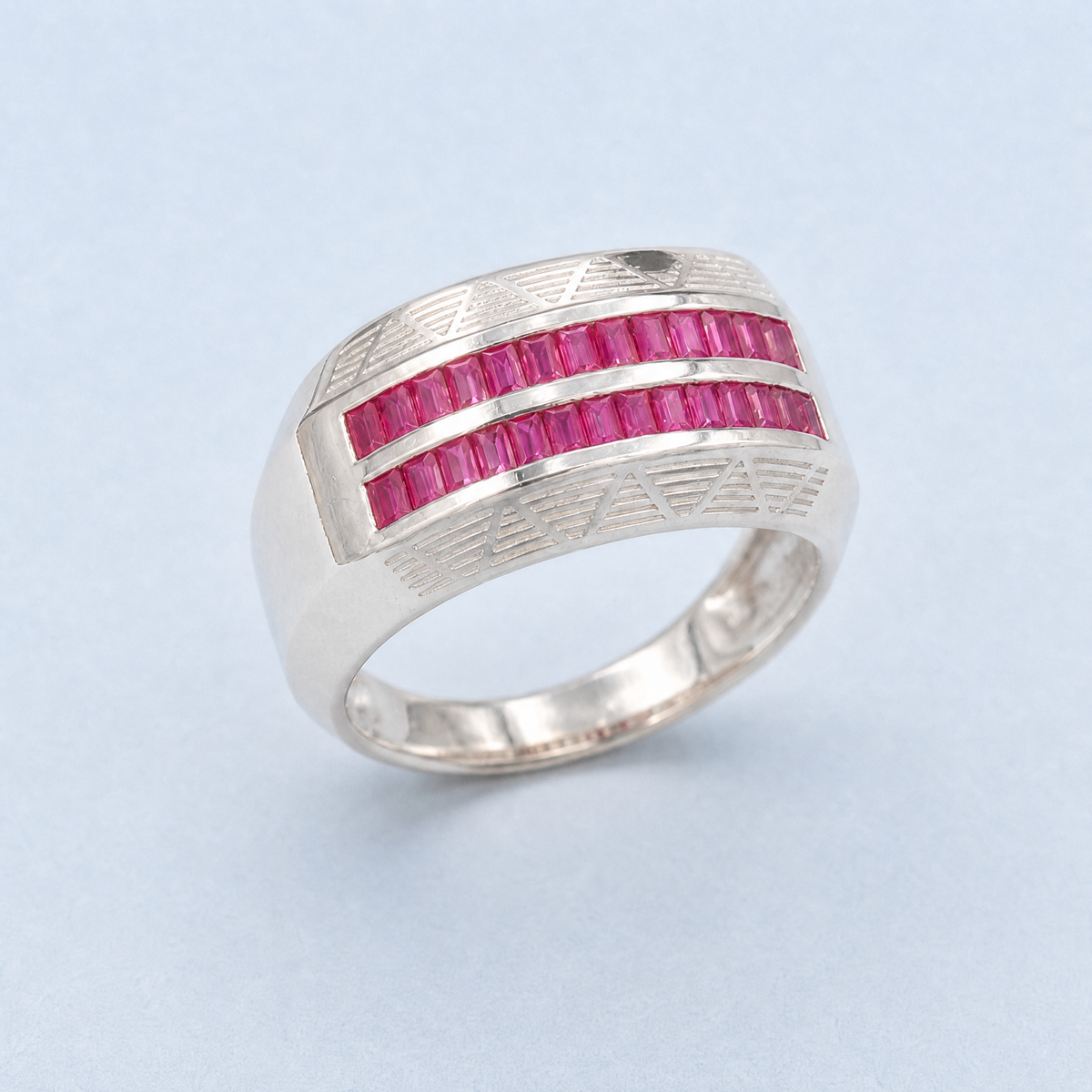 Double Row Pink Baguette Ring in 925 sterling silver, angled view