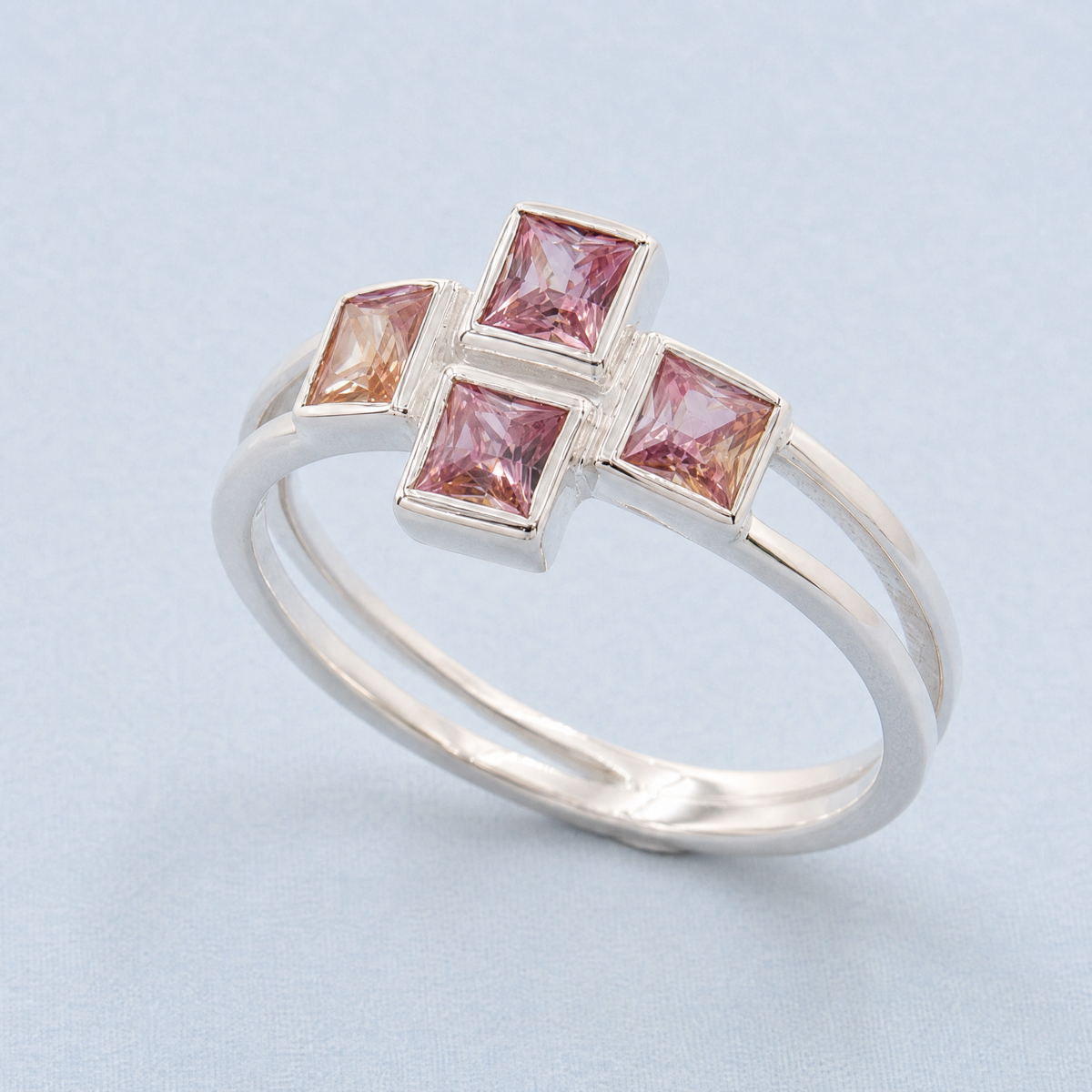 Double Band Cross Stone Ring in 925 sterling silver, angled view