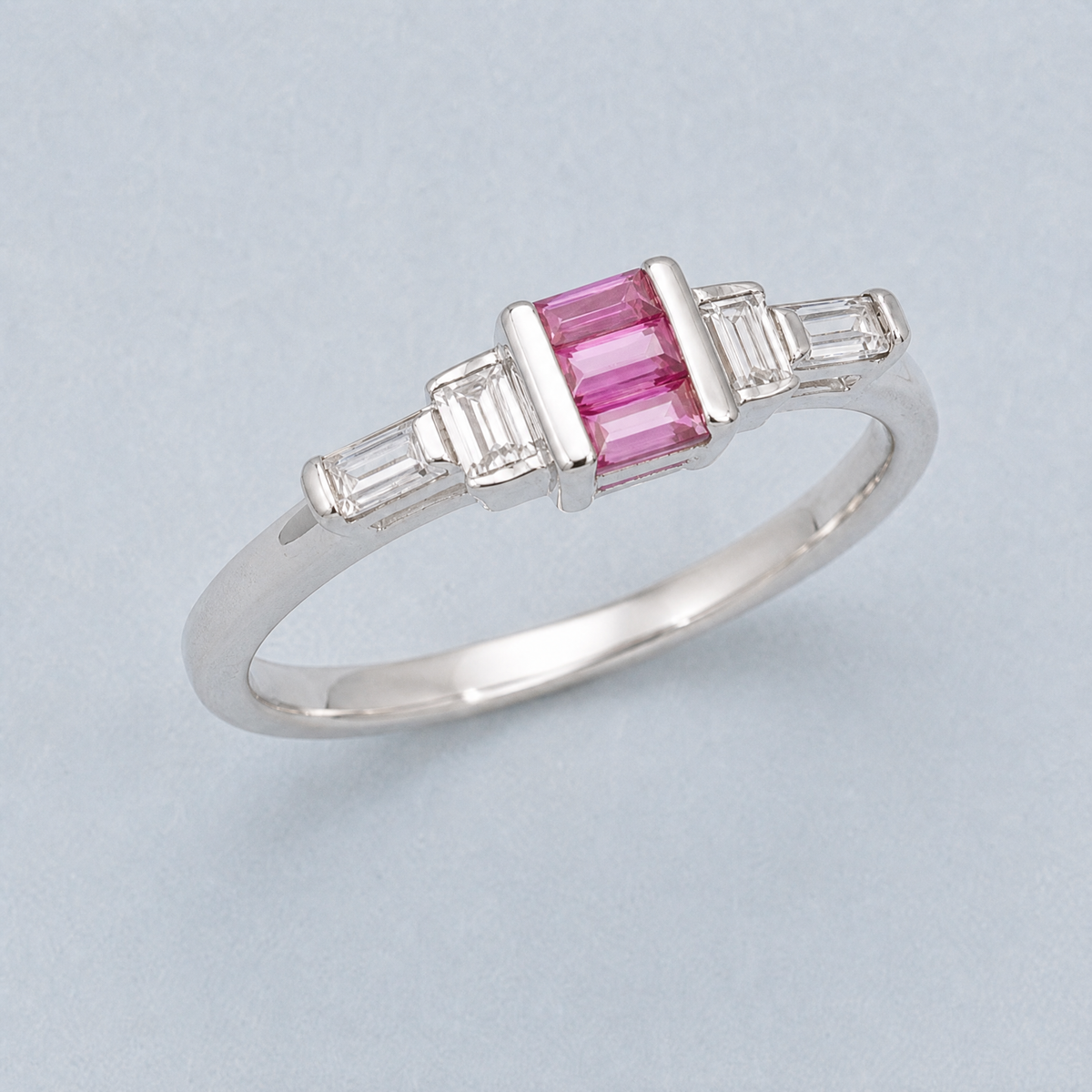 Pink Baguette Step Ring in 925 sterling silver, angled view