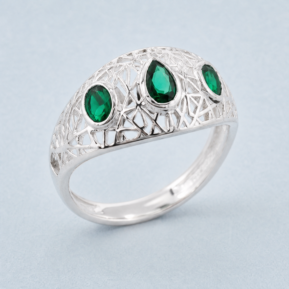 Green Trio Openwork Dome Ring in 925 sterling silver, angled view