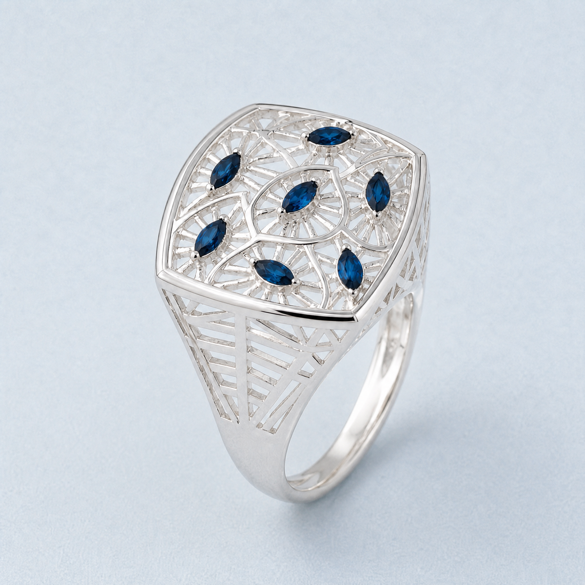 Blue Marquise Openwork Ring in 925 sterling silver, angled view