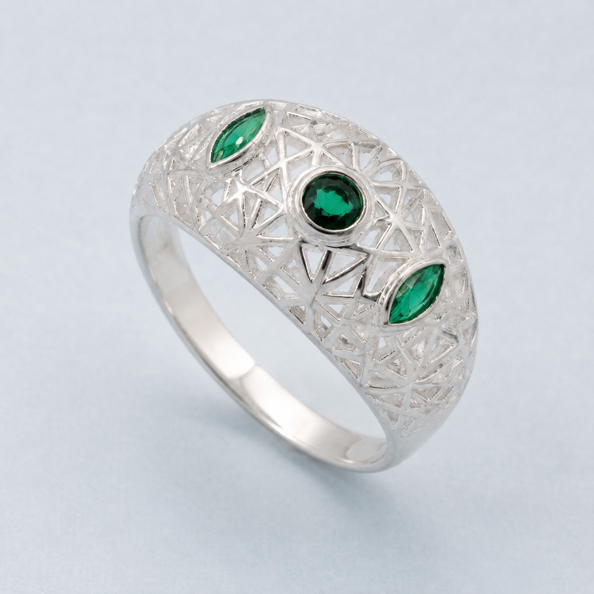 Green Marquise Lattice Dome Ring in 925 sterling silver, angled view