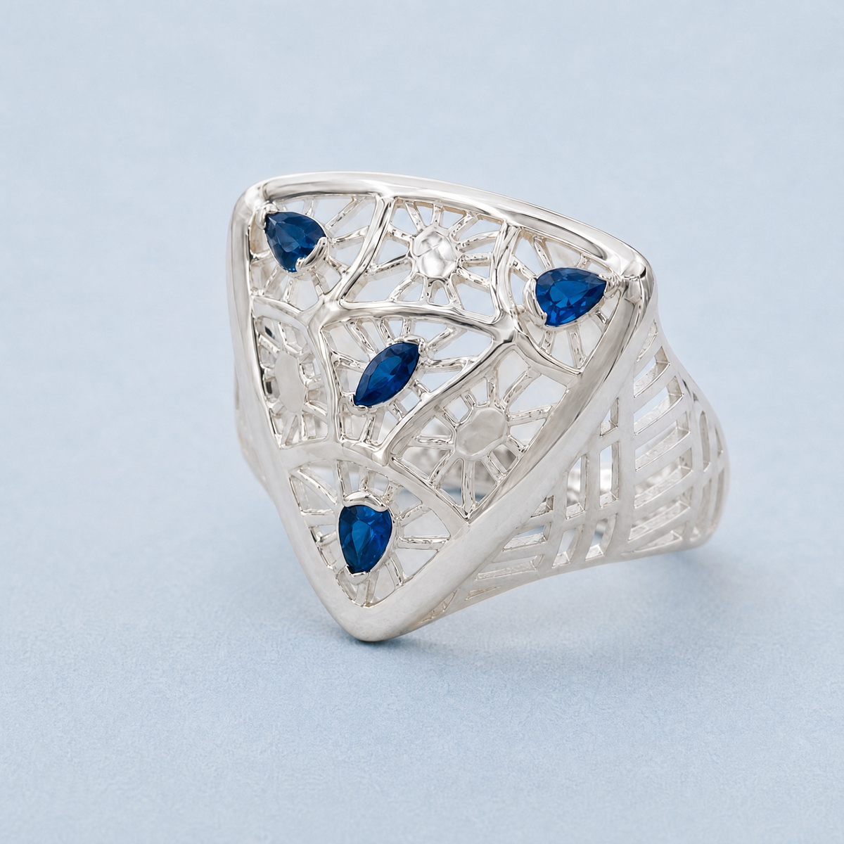 Blue Shield Openwork Ring in 925 sterling silver, angled view
