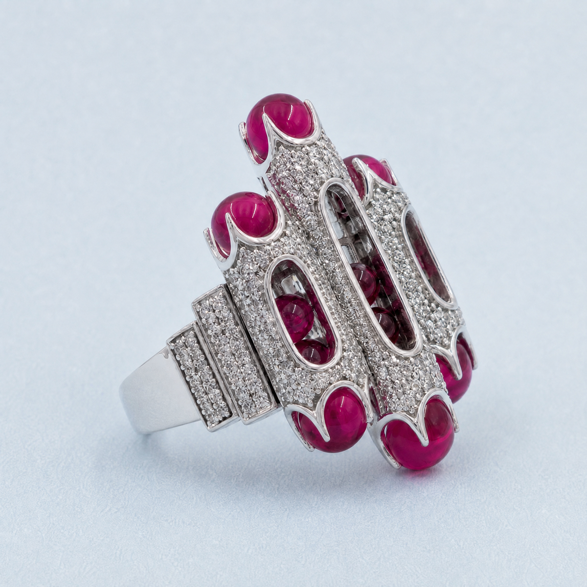 Red Cabochon Pavé Cocktail Ring in 925 sterling silver, angled view