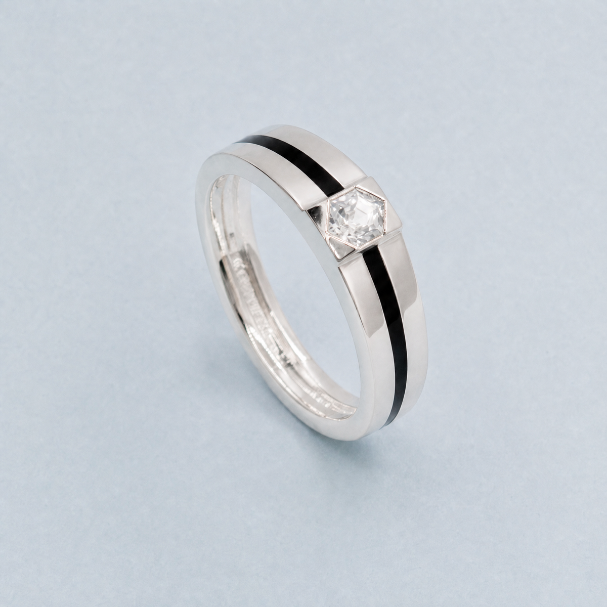 Black Line Hexagon Ring in 925 sterling silver, angled view