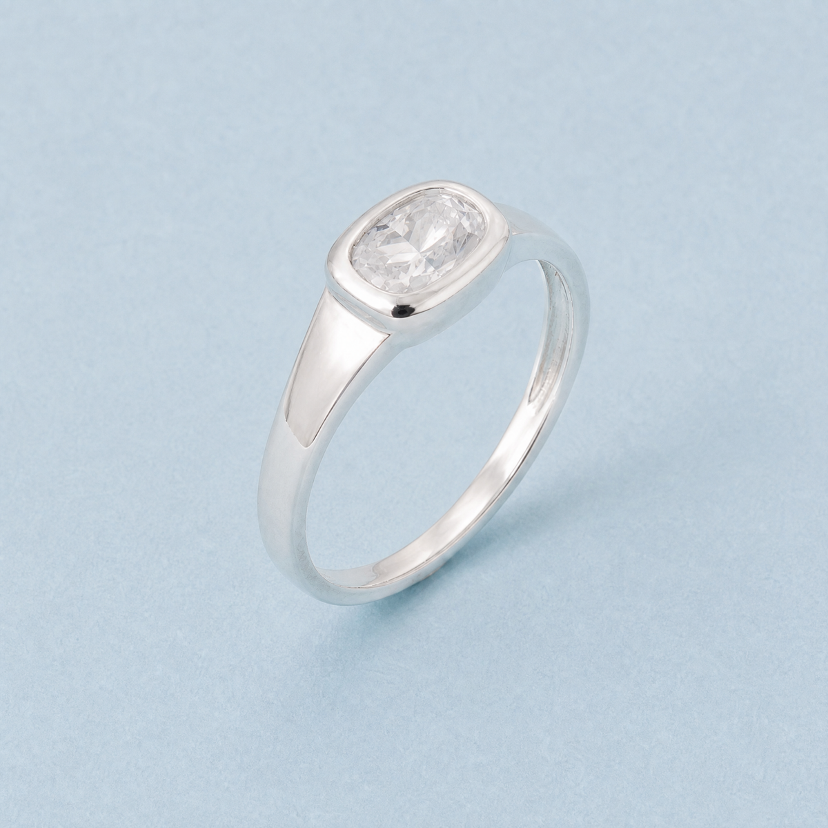 Bezel Cushion Clear Ring in 925 sterling silver, angled view