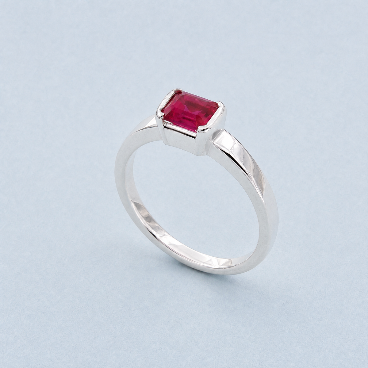 Raspberry Square Solitaire Ring in 925 sterling silver, angled view