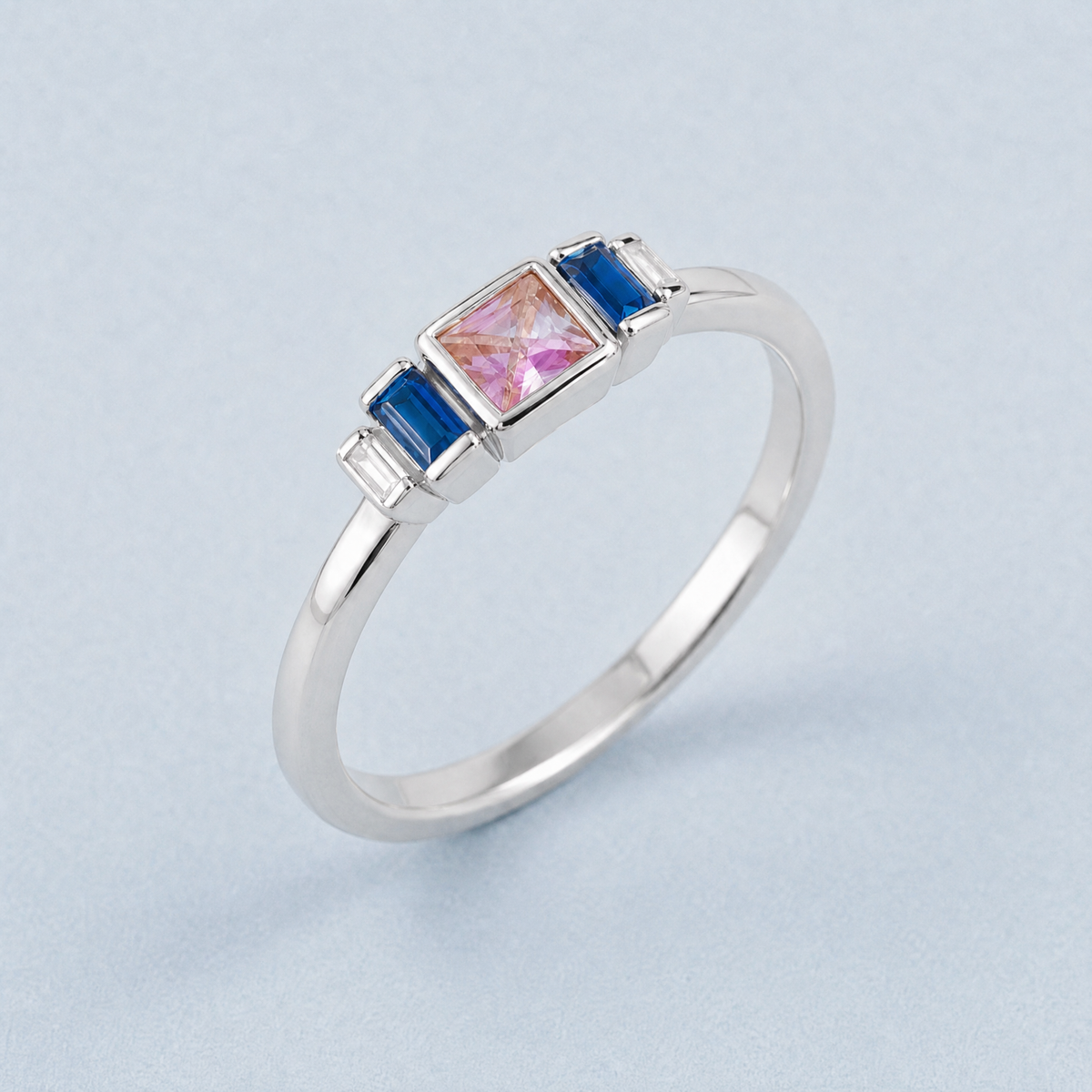 Pink and Blue Step Row Ring in 925 sterling silver, angled view