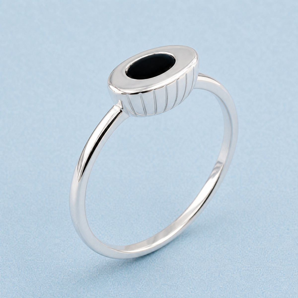 Black Oval Ribbed Cup Ring in 925 sterling silver, angled view