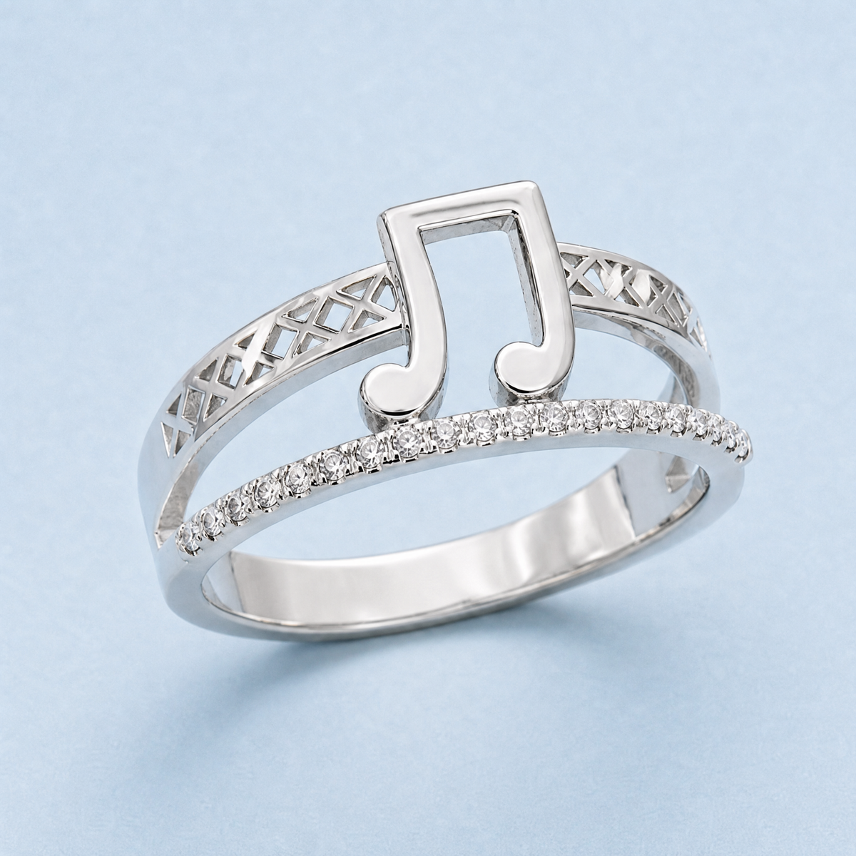 Music Note Double Band Ring in 925 sterling silver, angled view