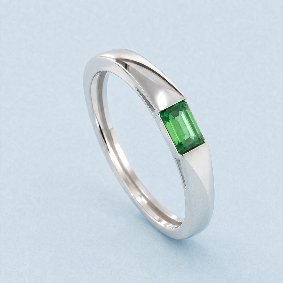 Green Baguette East West Ring in 925 sterling silver, angled view