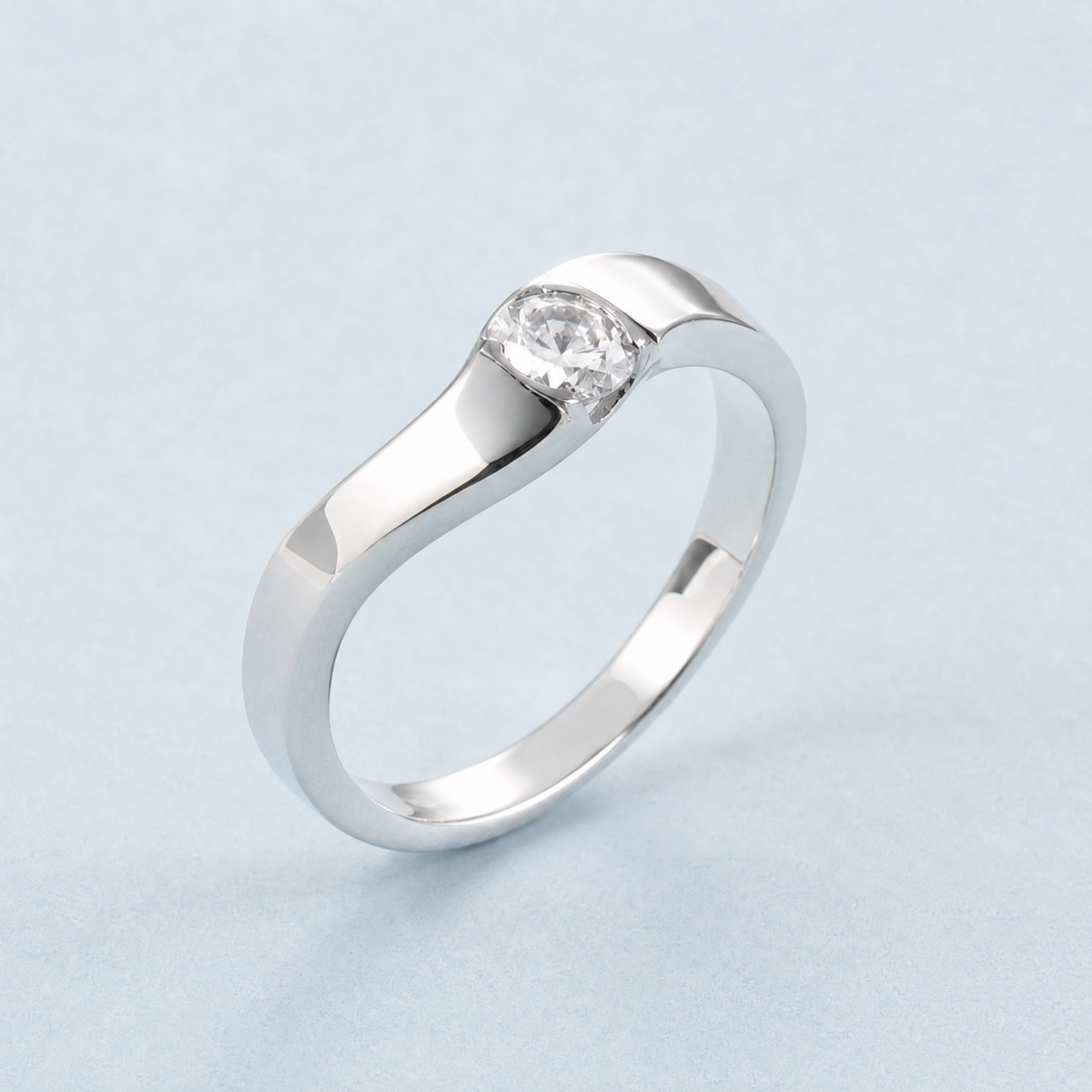 Wave Band Clear Solitaire Ring in 925 sterling silver, angled view