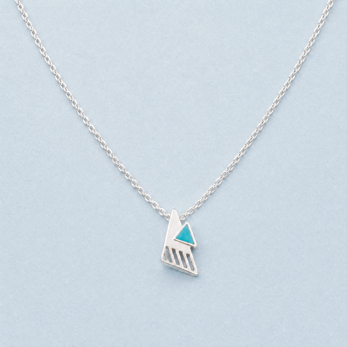 Teal Triangle Enamel Pendant Necklace in 925 sterling silver, front view