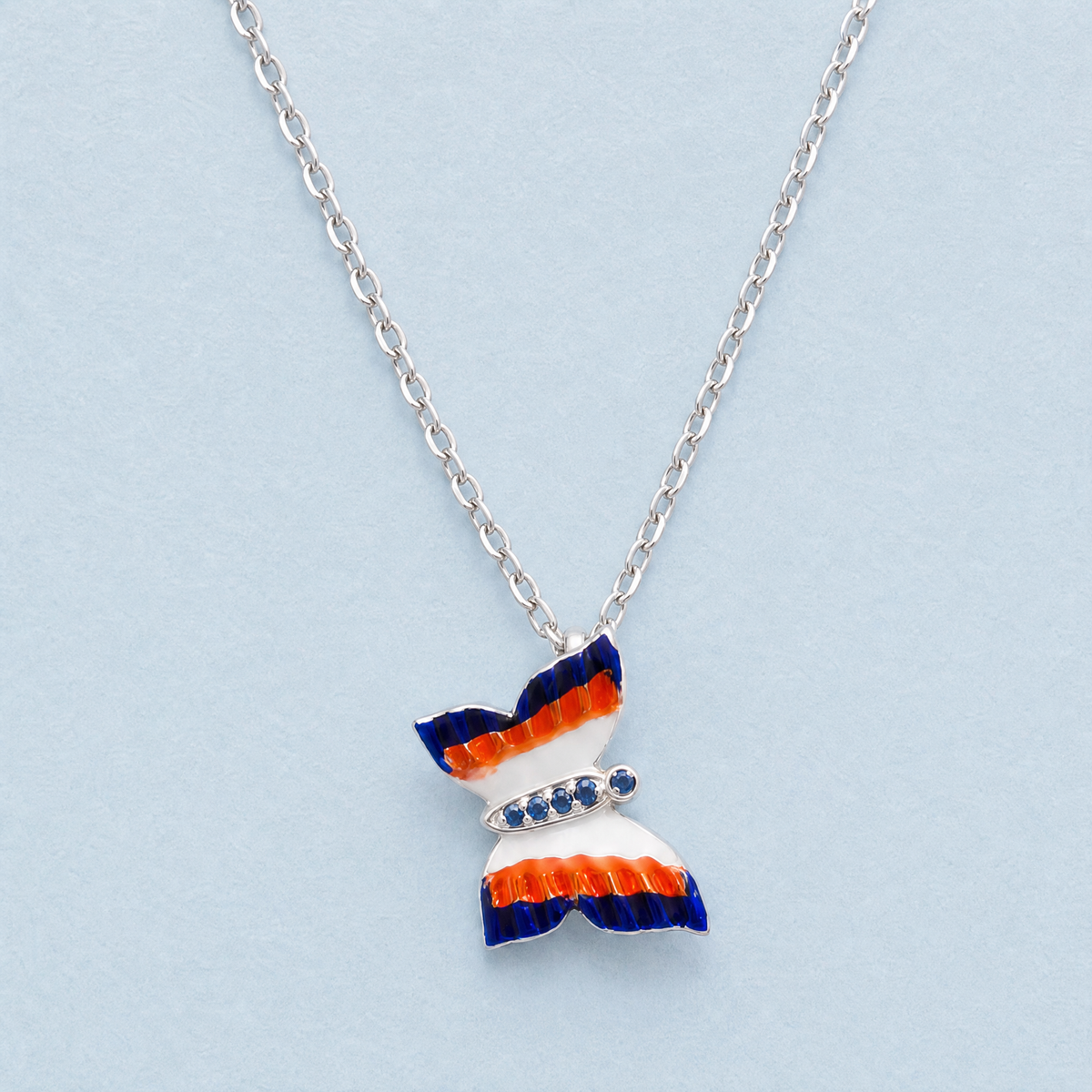 Striped Butterfly Enamel Necklace in 925 sterling silver, front view