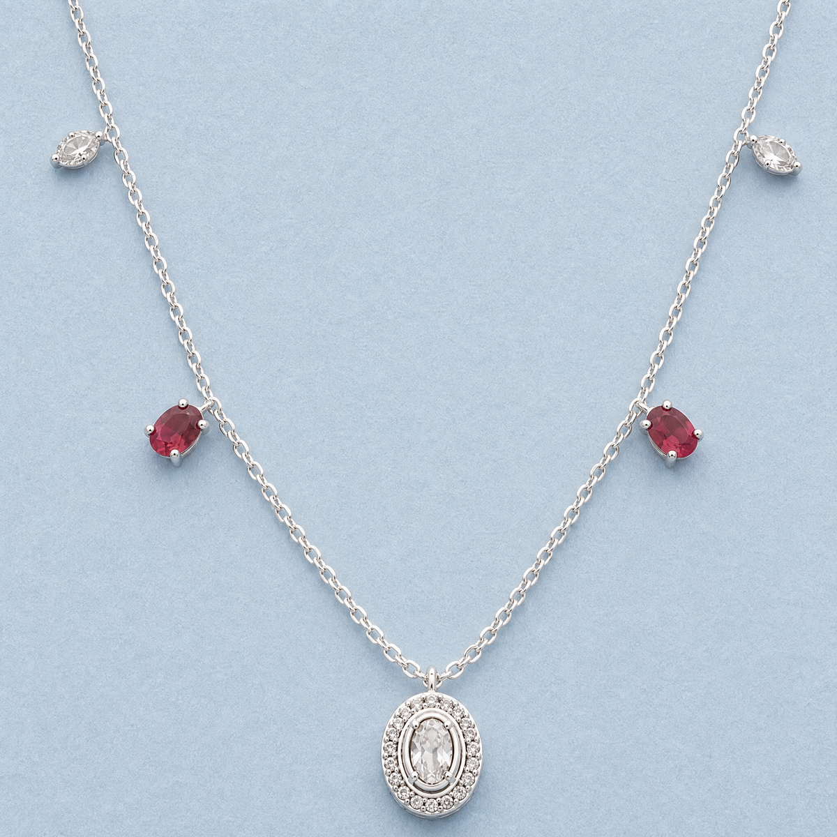 Oval Halo Station Necklace in 925 sterling silver, front view