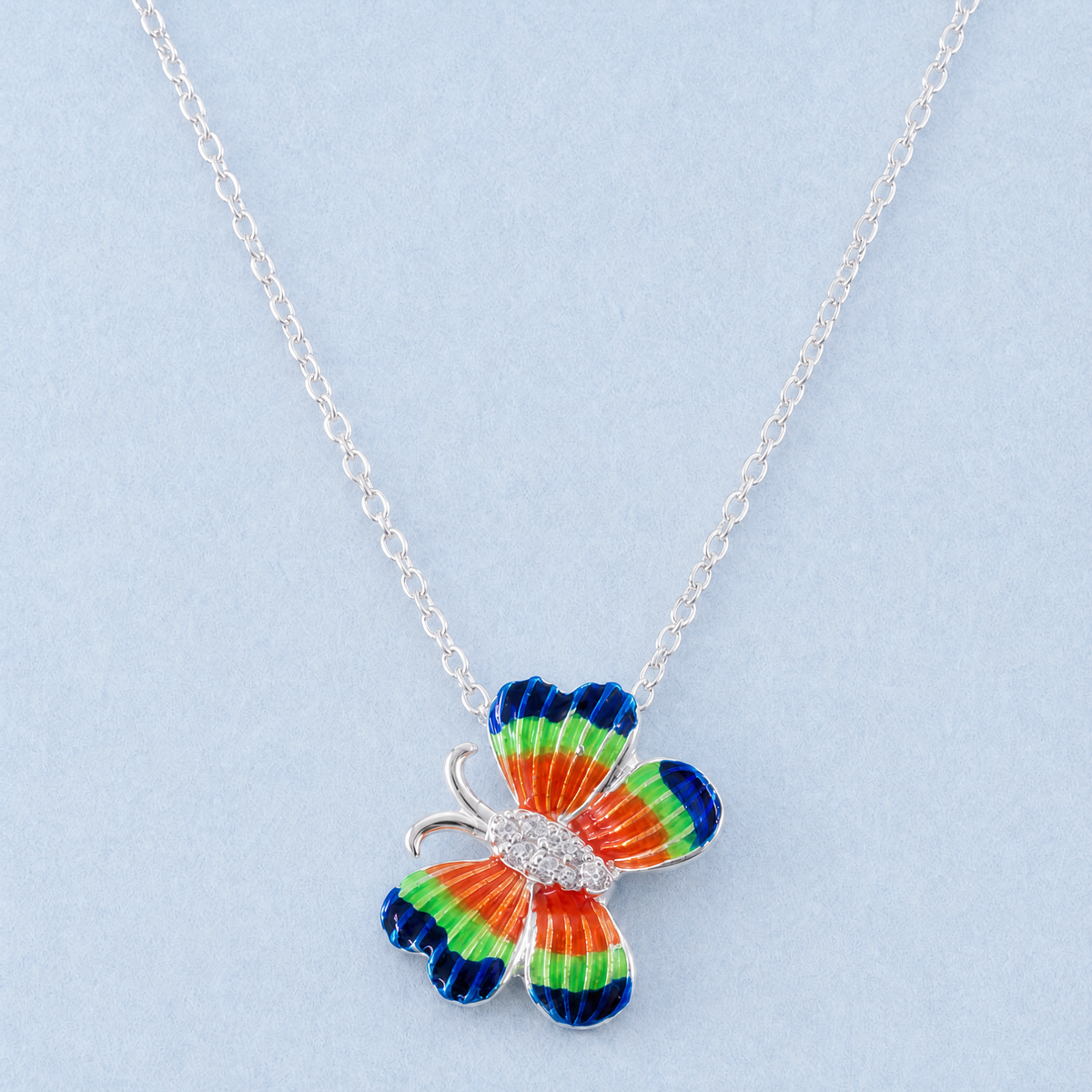 Rainbow Wing Butterfly Necklace in 925 sterling silver, front view