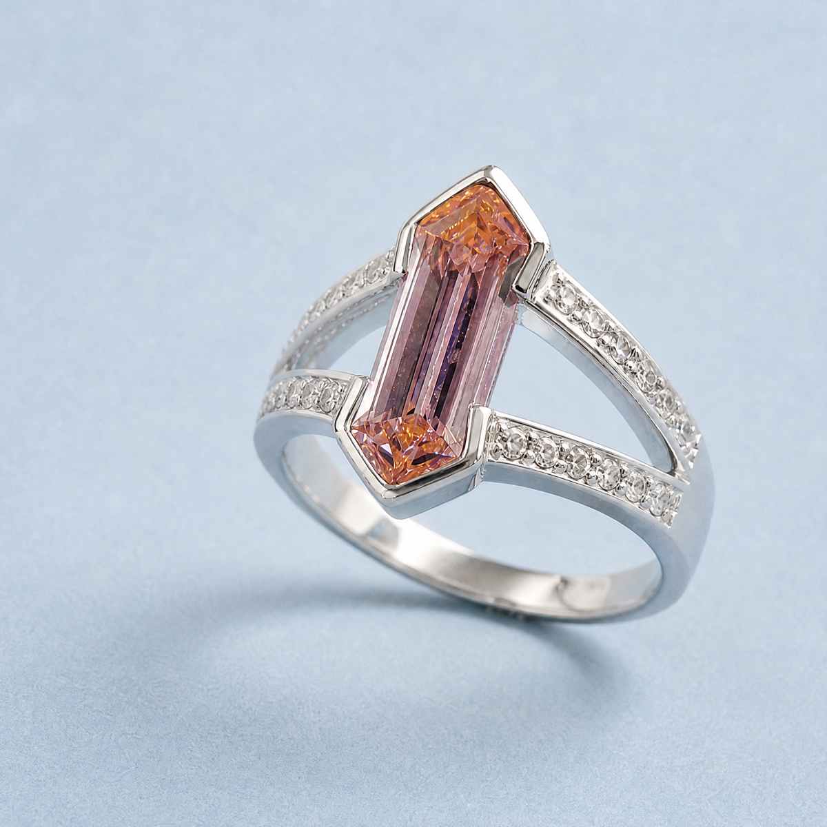 Long Hexagon Pink Pavé Ring in 925 sterling silver, angled view
