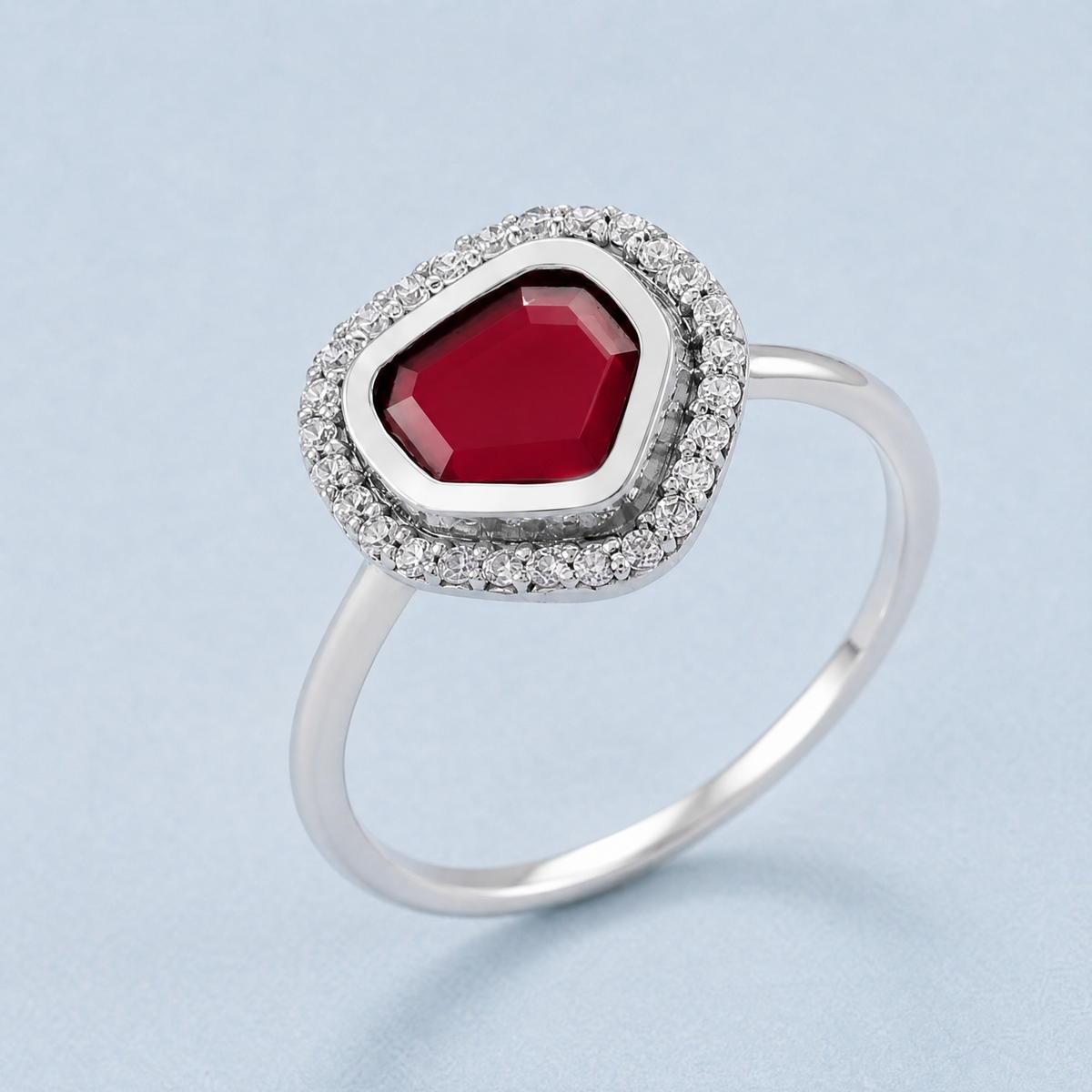 Red Geometric Halo Ring in 925 sterling silver, angled view
