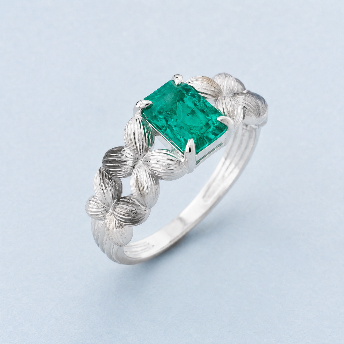 Green Stone Flower Shoulder Ring in 925 sterling silver, angled view