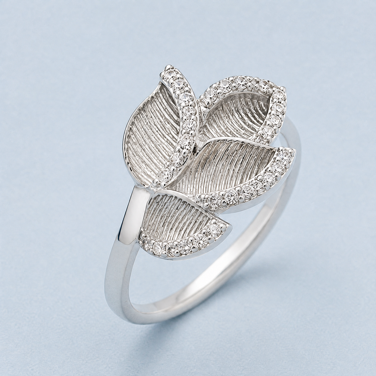 Leaf Cluster Pavé Ring in 925 sterling silver, angled view