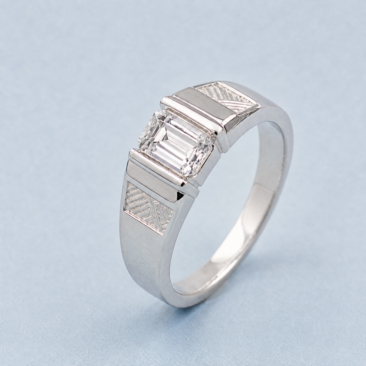 Engraved Panel Step Cut Ring in 925 sterling silver, angled view